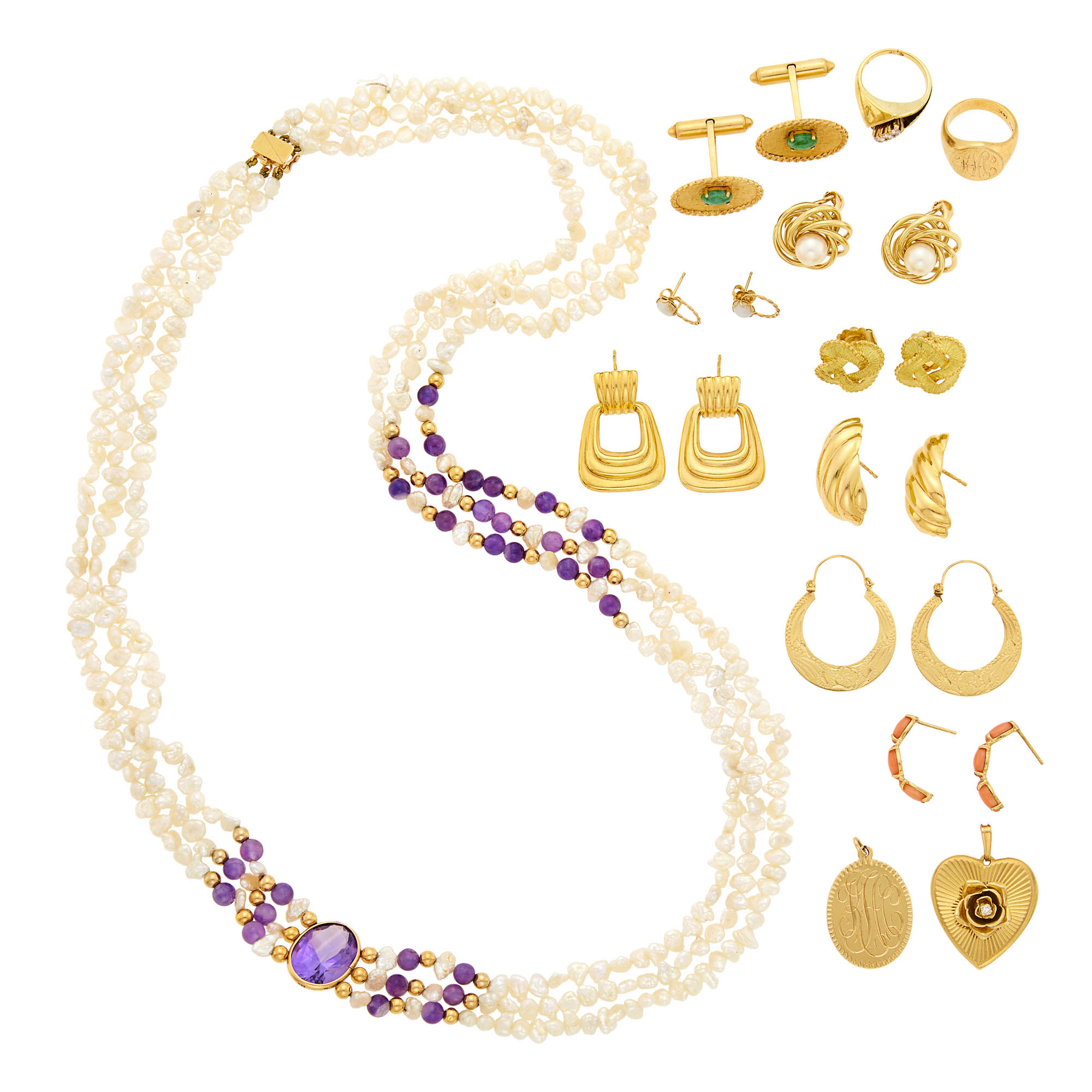 Lot image - Triple Strand Freshwater Pearl, Amethyst and Gold Necklace and Group of Gold Jewelry