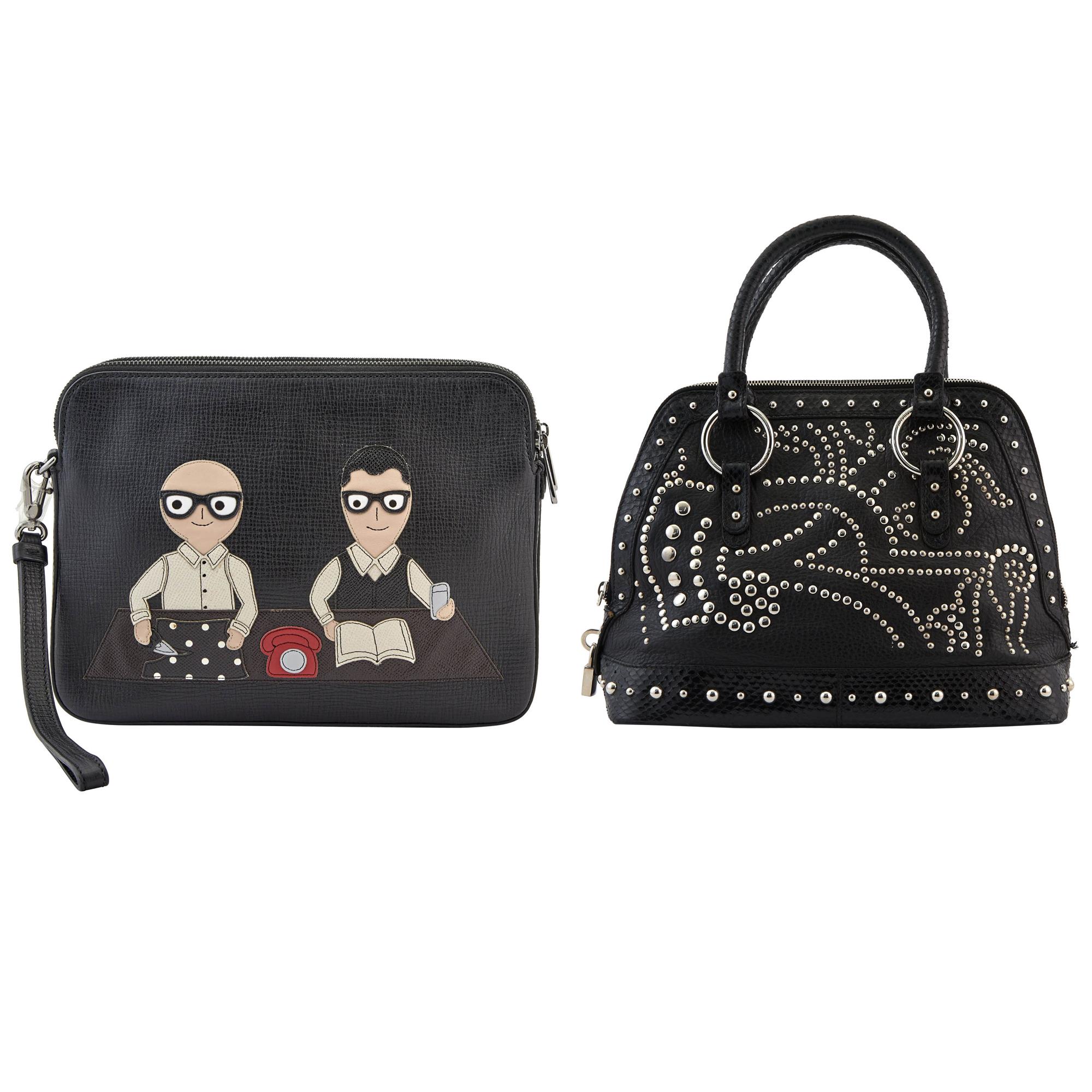 Lot image - Dolce & Gabbana Black Leather Studded Handbag and #DGFAMILY Pouch
