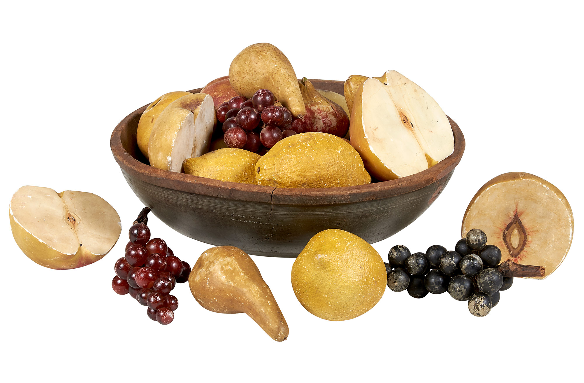 Lot image - Collection of Oversized Stone Fruit and Vegetables in a Large Painted Turned Wood Bowl