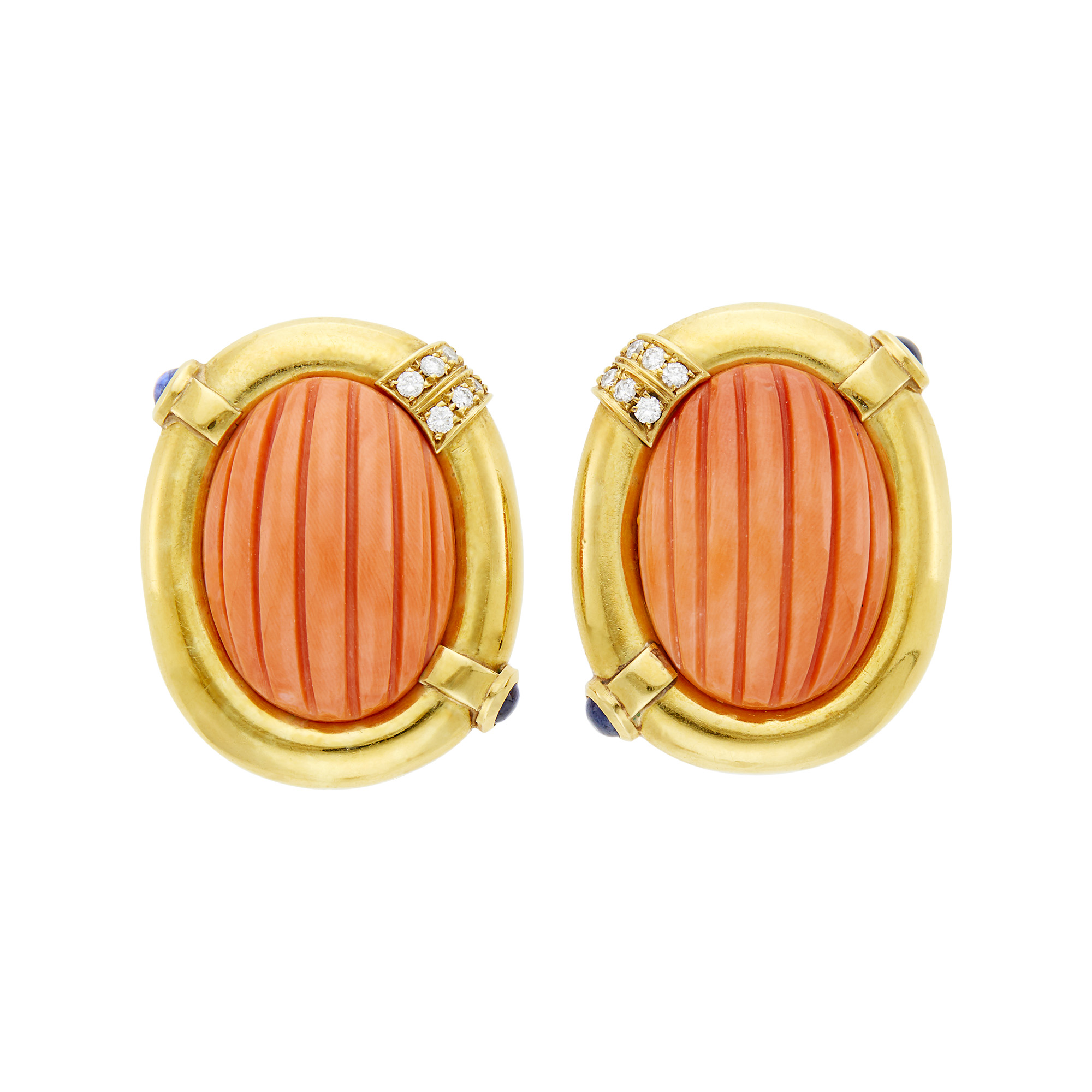 Lot image - Pair of Gold, Carved Coral, Cabochon Sapphire and Diamond Earclips