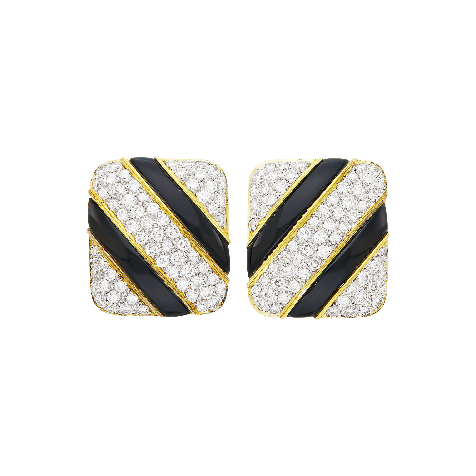 Lot image - Pair of Two-Color Gold, Black Onyx and Diamond Earclips