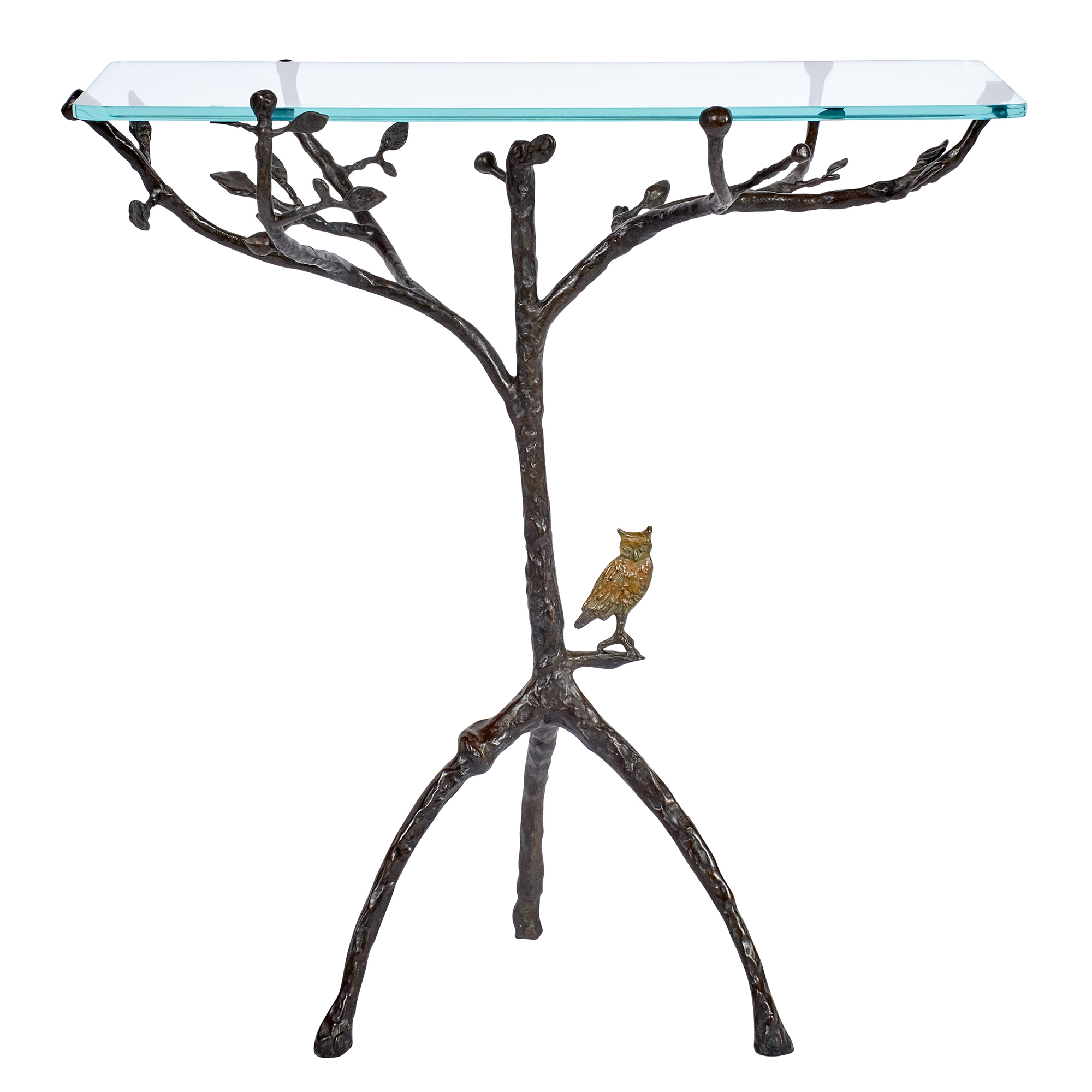 Lot image - Diego Giacometti Patinated Bronze and Glass Gueridon-Arbre au Hibou