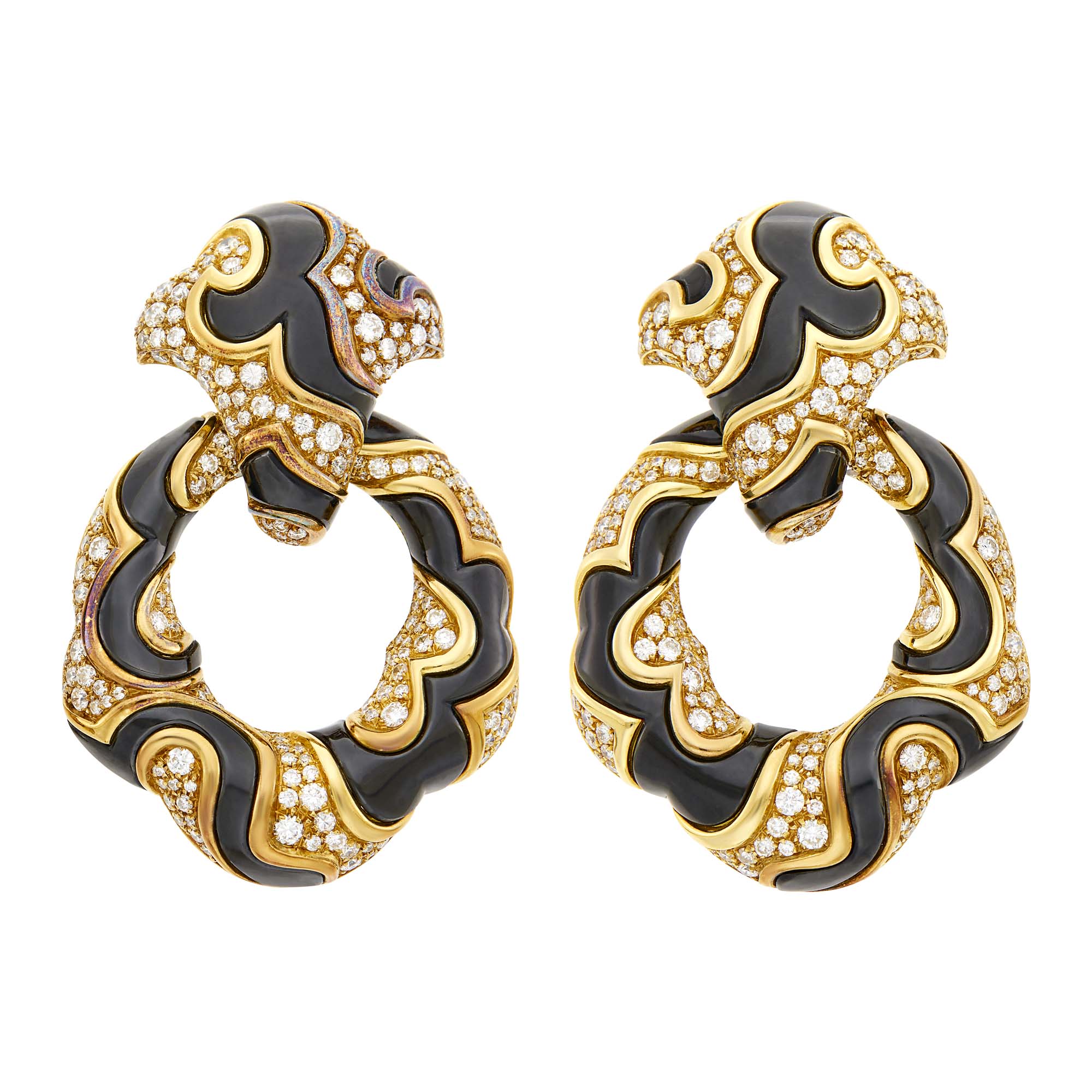 Lot image - Marina B Pair of Gold, Diamond and Oxidized Metal Ken Hoop Pendant-Earclips
