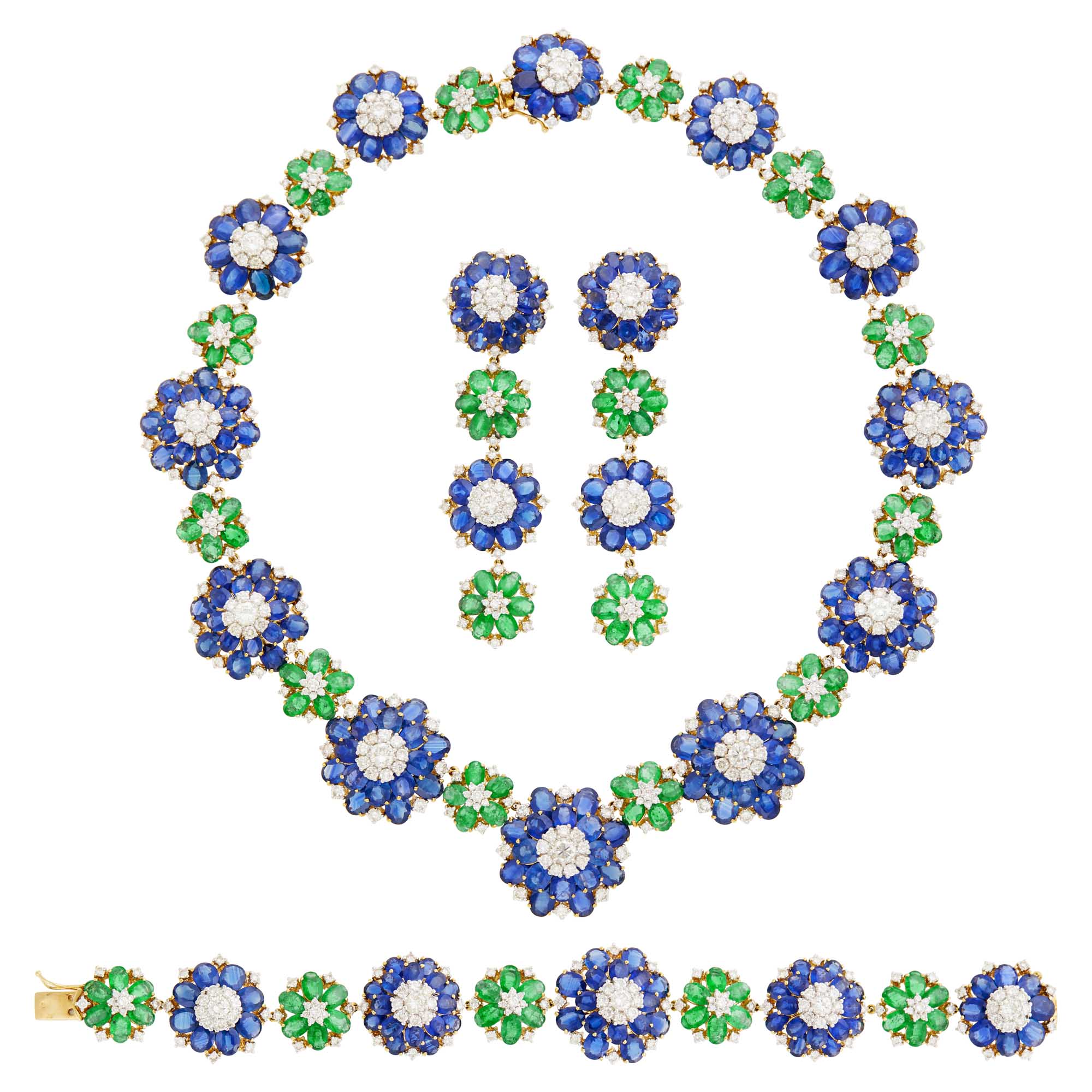 Lot image - Gold, Sapphire, Emerald and Diamond Necklace/Bracelet Combination and Pair of Pendant-Earclips