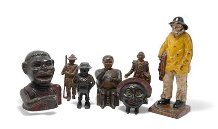 Lot image - Group of Seven Cast Iron Still and Mechanical Figural Banks