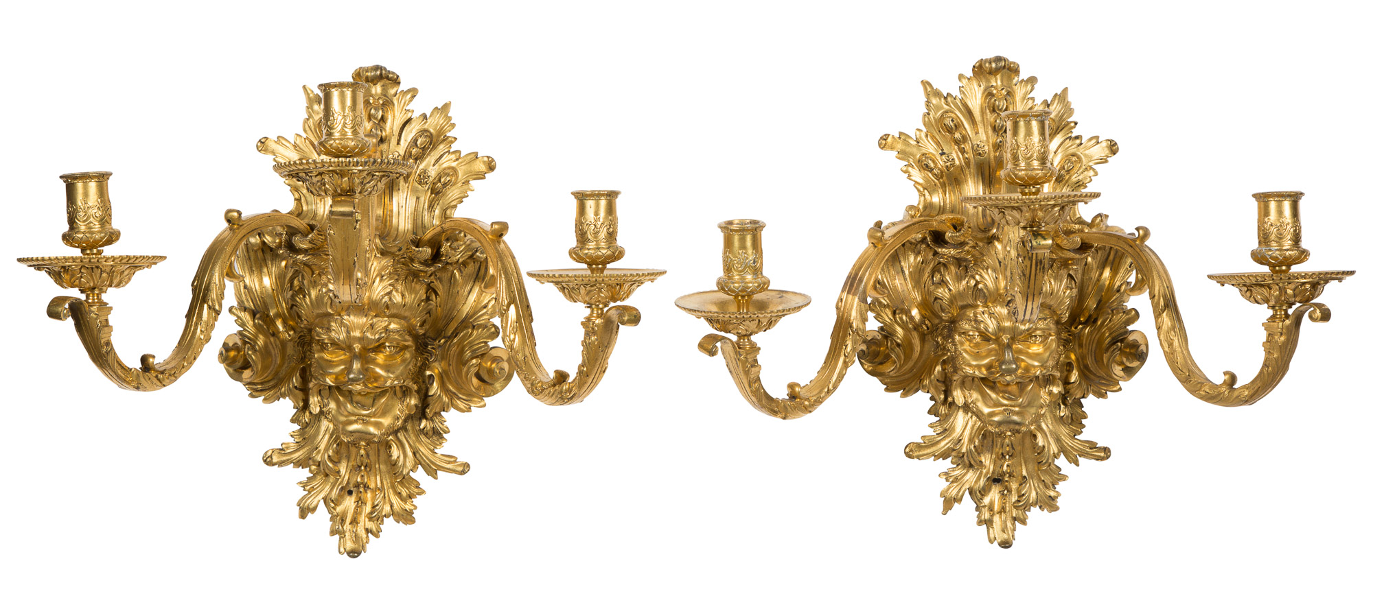 Lot image - Pair of Louis XIV Style Gilt-Bronze Three-Light Wall Lights