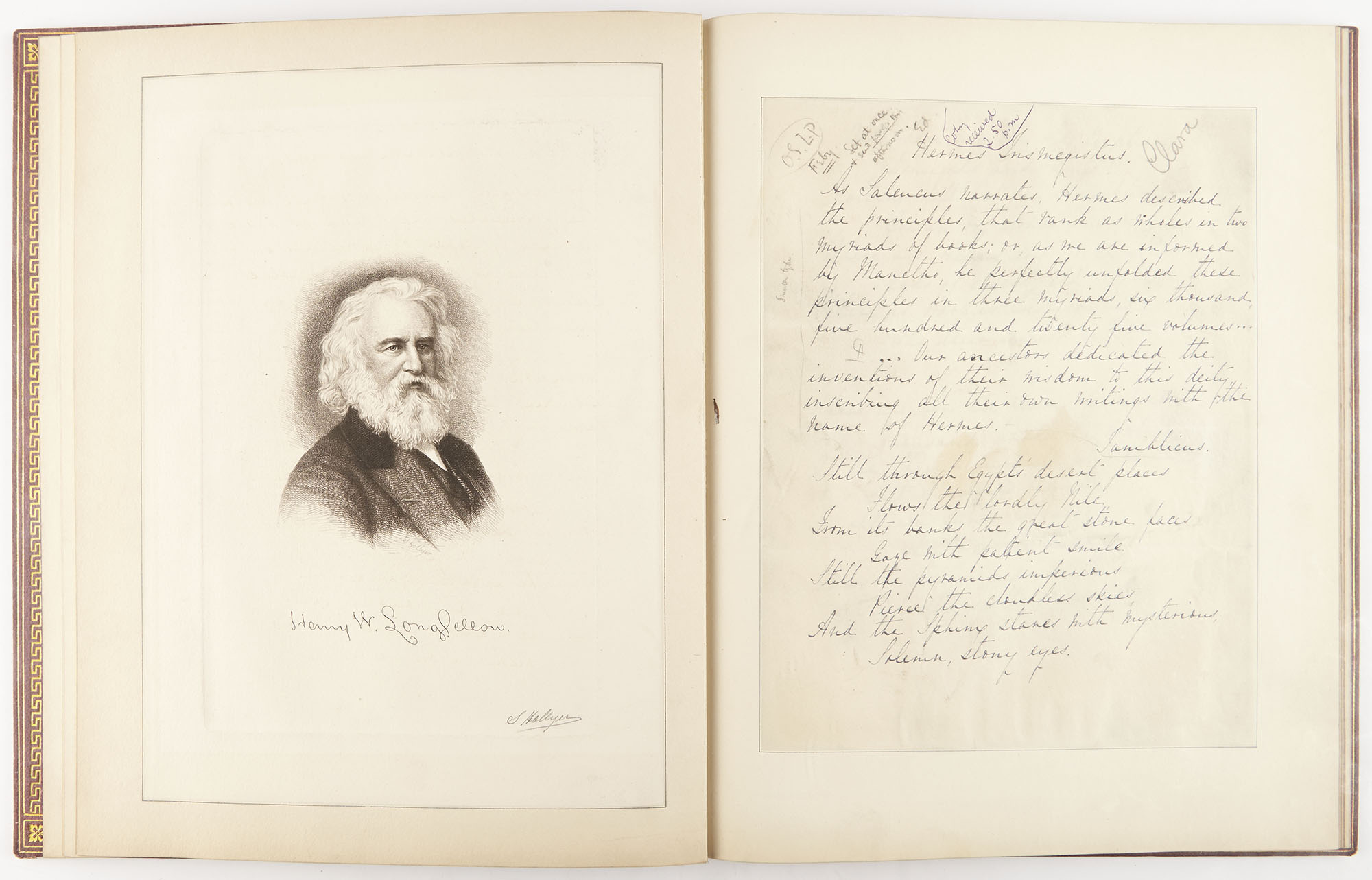Lot image - LONGFELLOW, HENRY WADSWORTH  Autograph fair copy signed of Hermes Trismegistus.