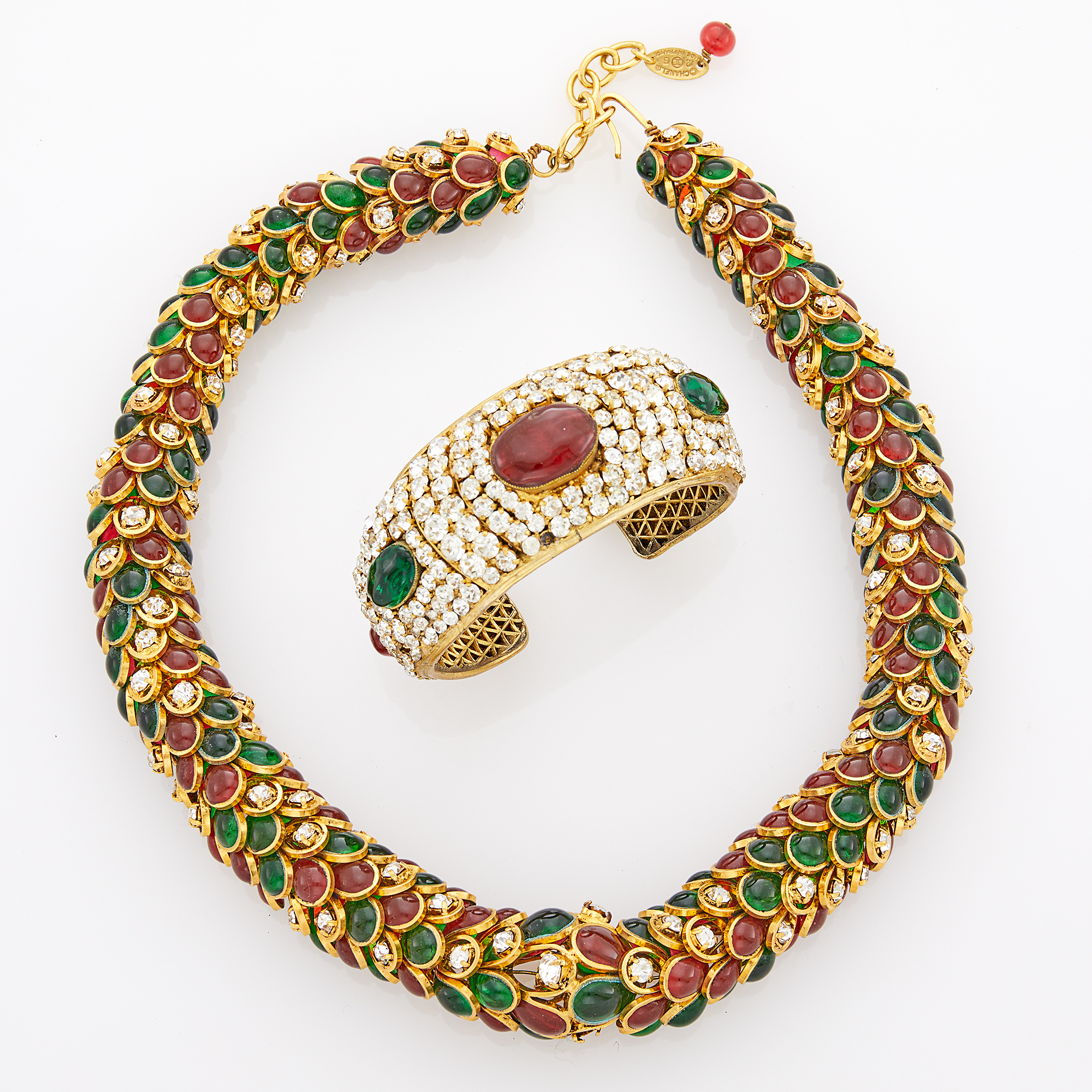 Lot image - Chanel Gilt-Metal, Gripoix and Strass Necklace and Cuff Bracelet