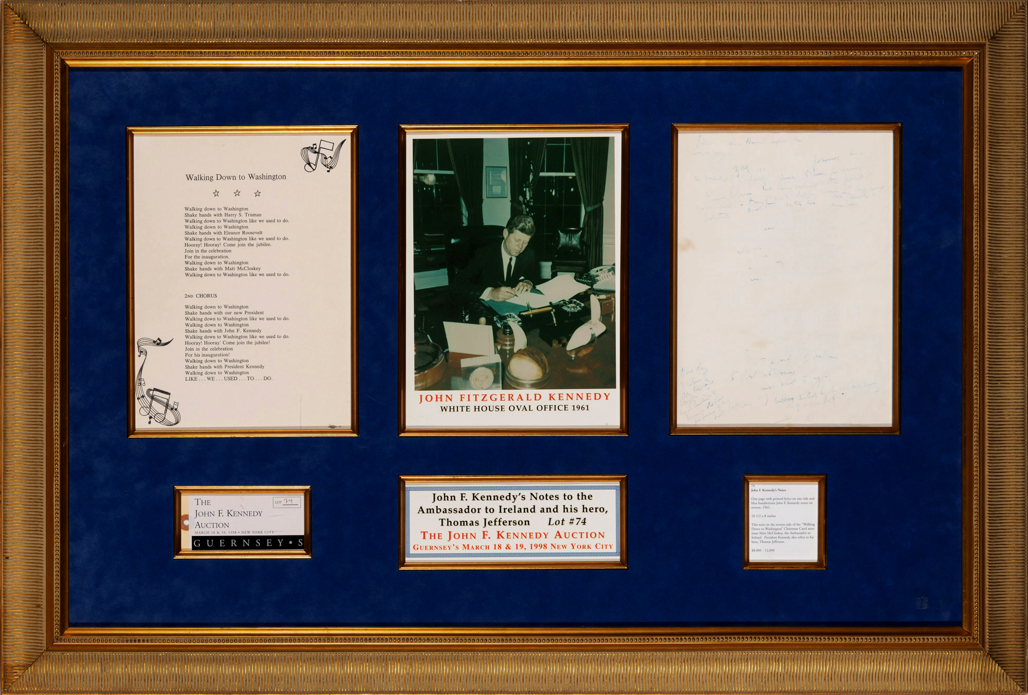 Lot image - KENNEDY, JOHN FITZGERALD  Manuscript notes mentioning Thomas Jefferson.
