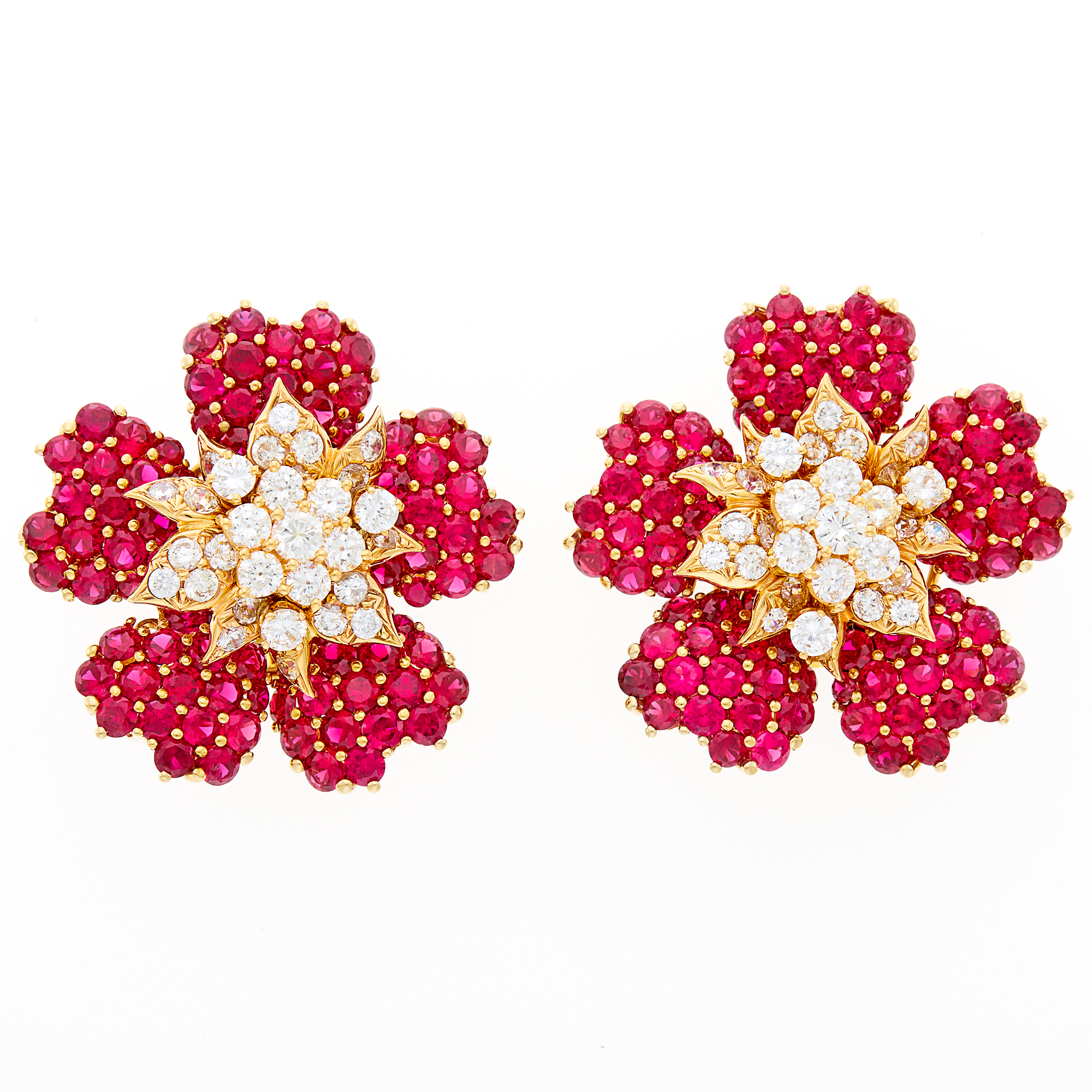 Lot image - Pair of Gold, Synthetic Ruby and Cubic Zirconia Flower Earclips