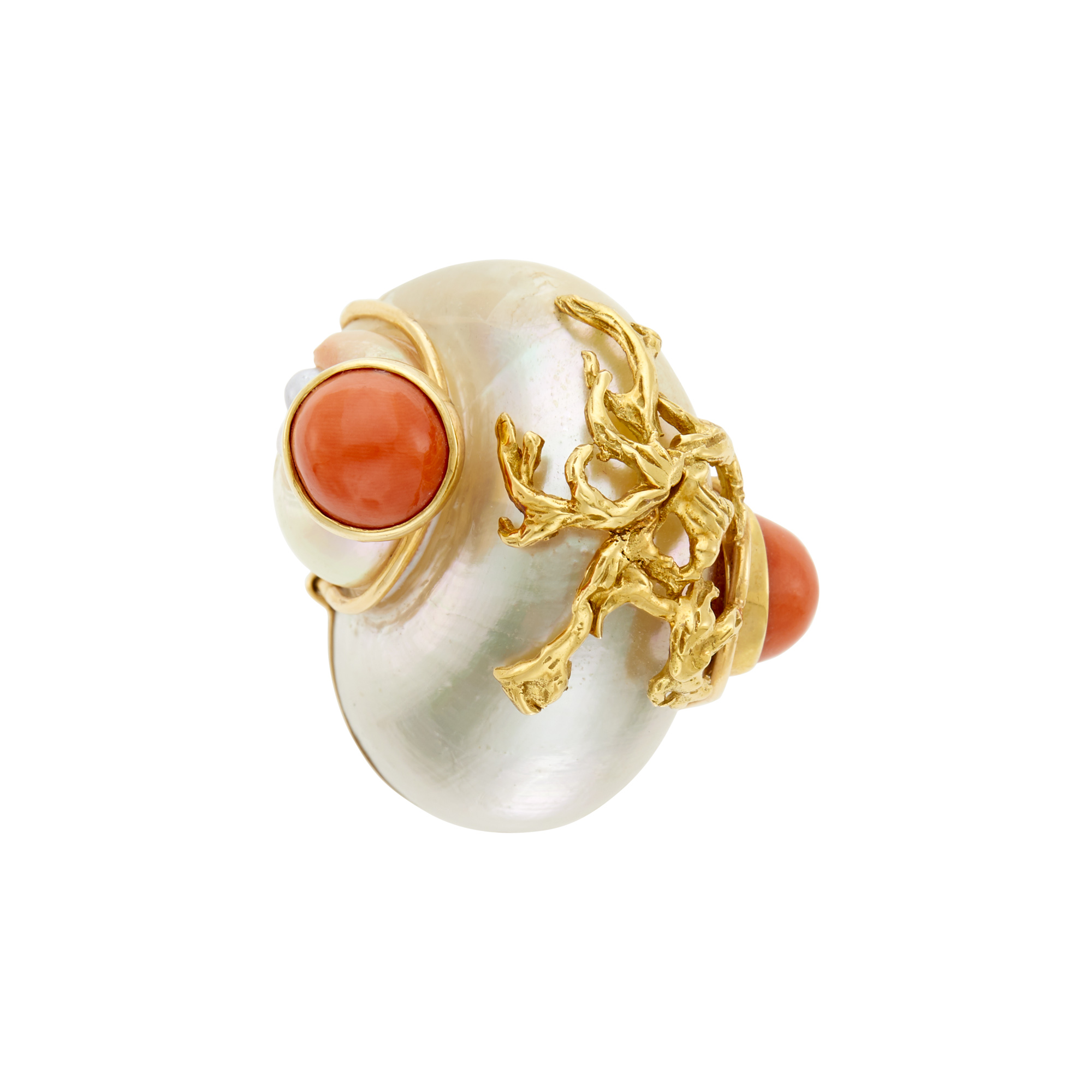 Lot image - Seaman Schepps Gold, Shell, Coral and Cultured Pearl Clip-Brooch