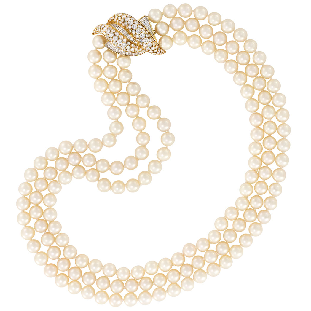 Lot image - Triple Strand Cultured Pearl Necklace with Gold and Diamond Bombe Clasp