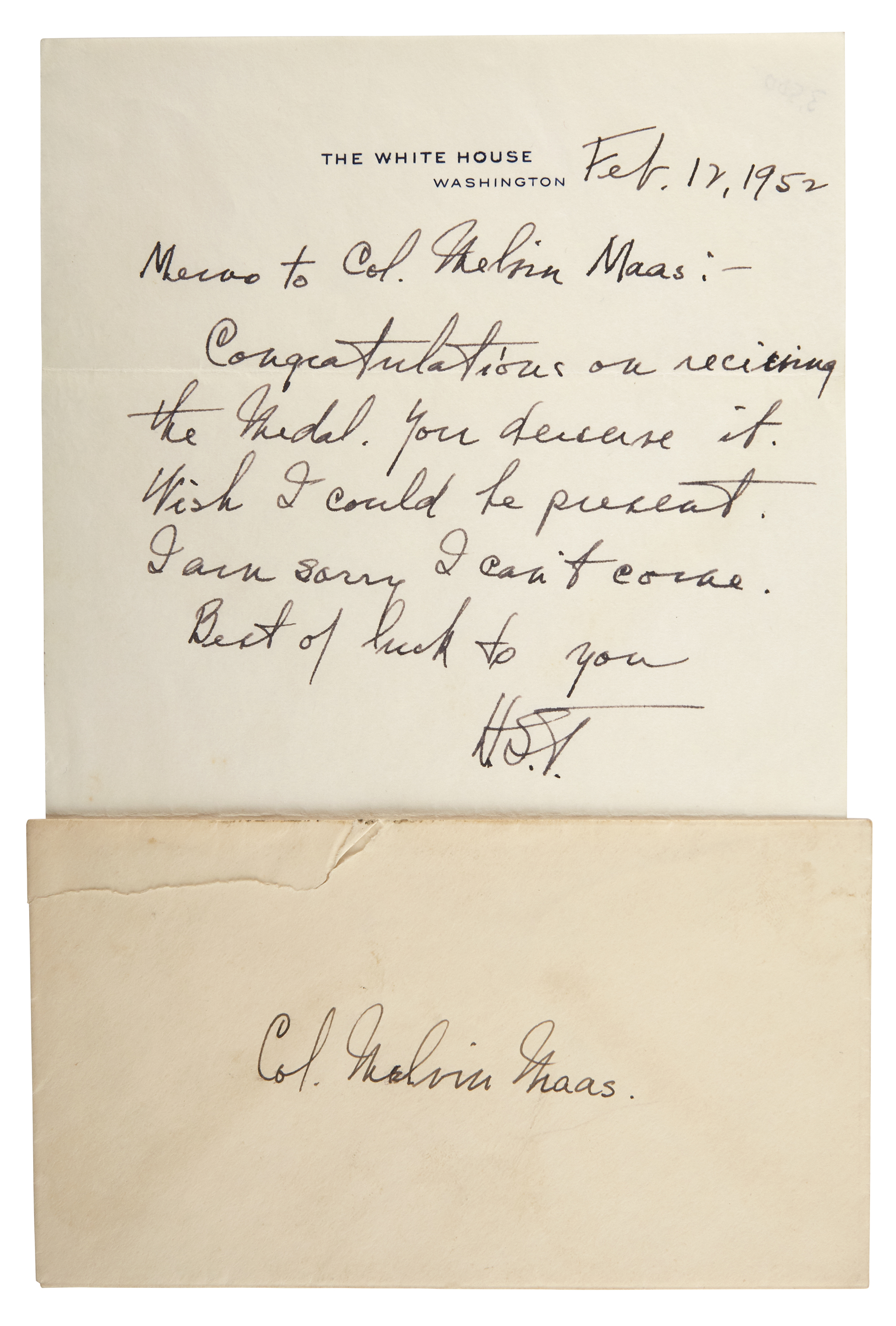 Lot image - TRUMAN, HARRY  Autograph note initialed as President to a Congressman turned Marine.