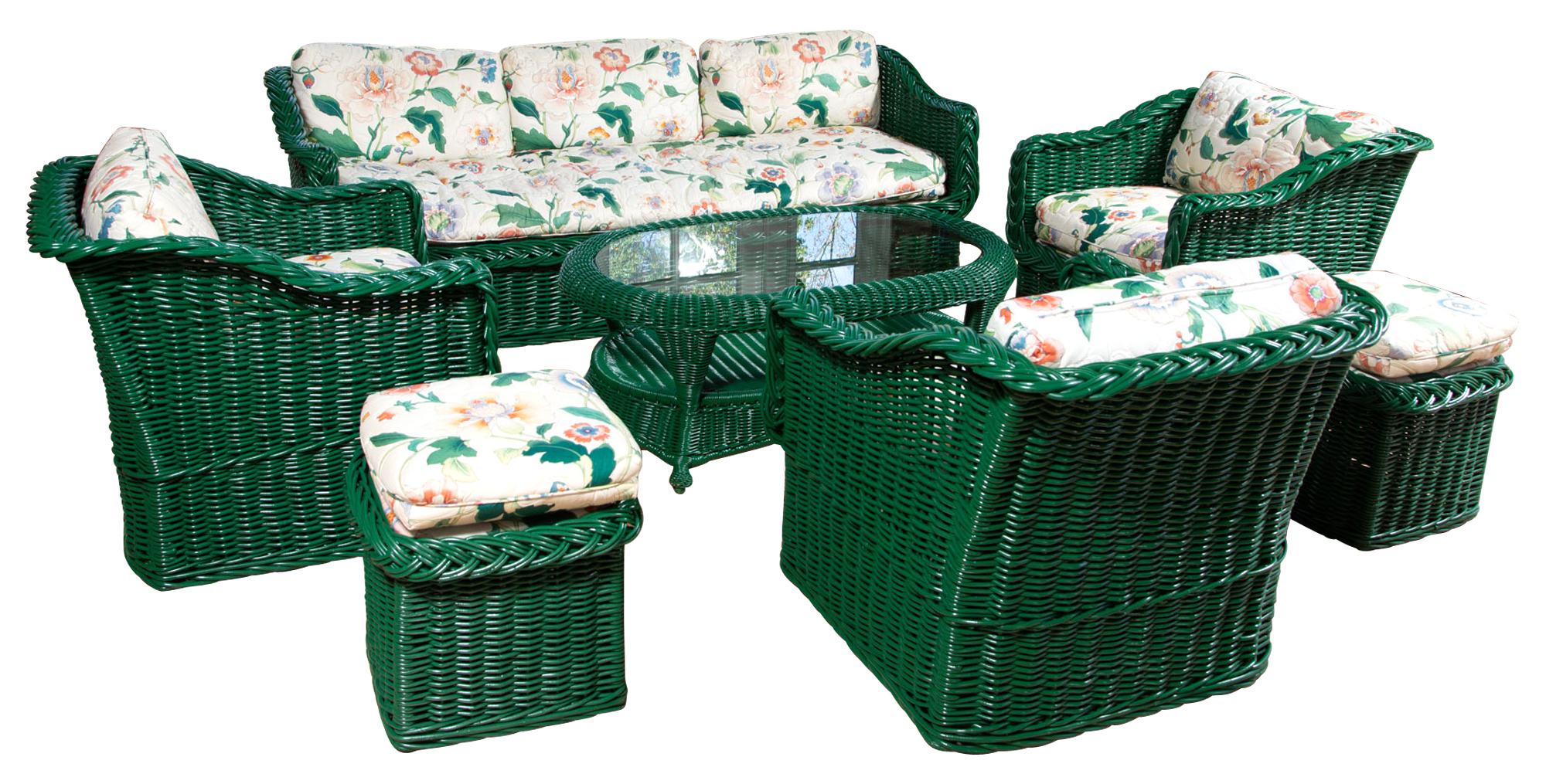 Lot image - Group of Upholstered Green Painted Wicker Furniture