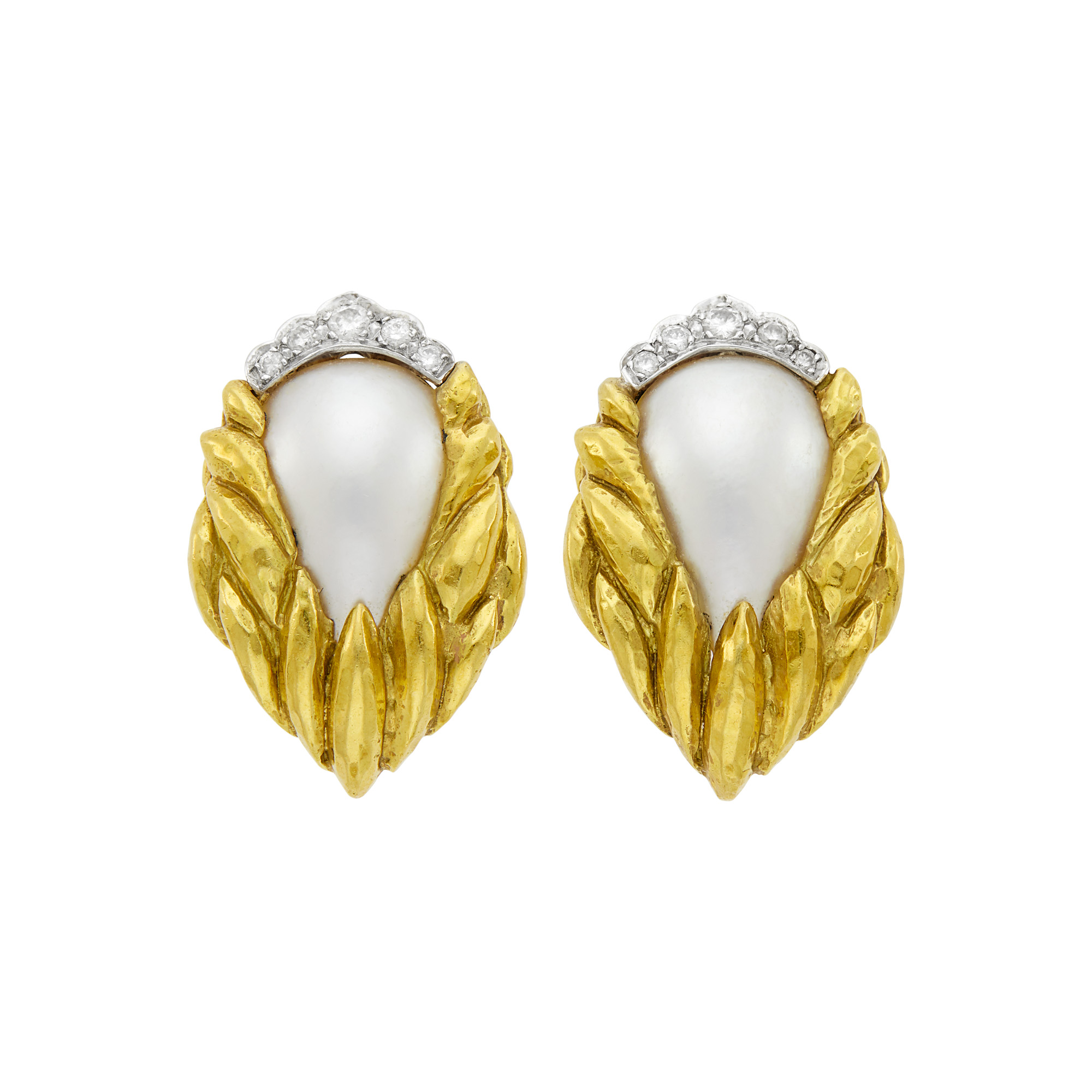 Lot image - Pair of Two-Color Gold, Mabé Pearl and Diamond Earclips