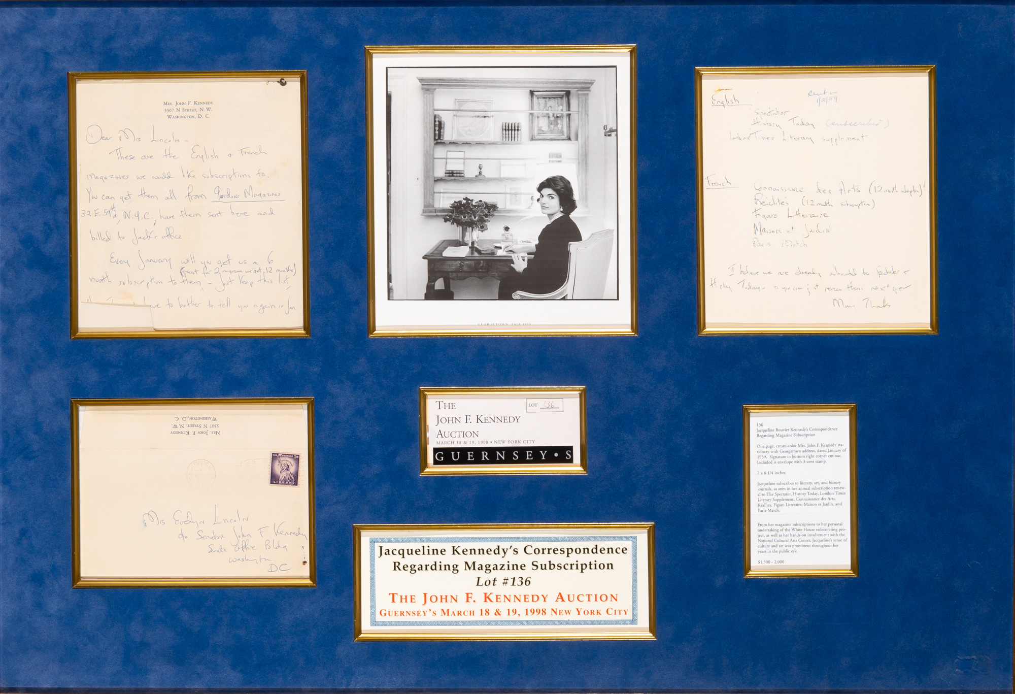 Lot image - KENNEDY, JACQUELINE  Framed display with letter to Evelyn Lincoln regarding international magazine subscriptions.