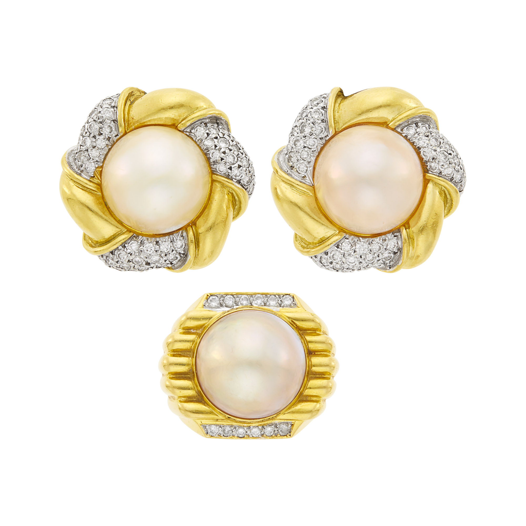Lot image - Pair of Two-Color Gold, Mabé Pearl and Diamond Earclips and Ring