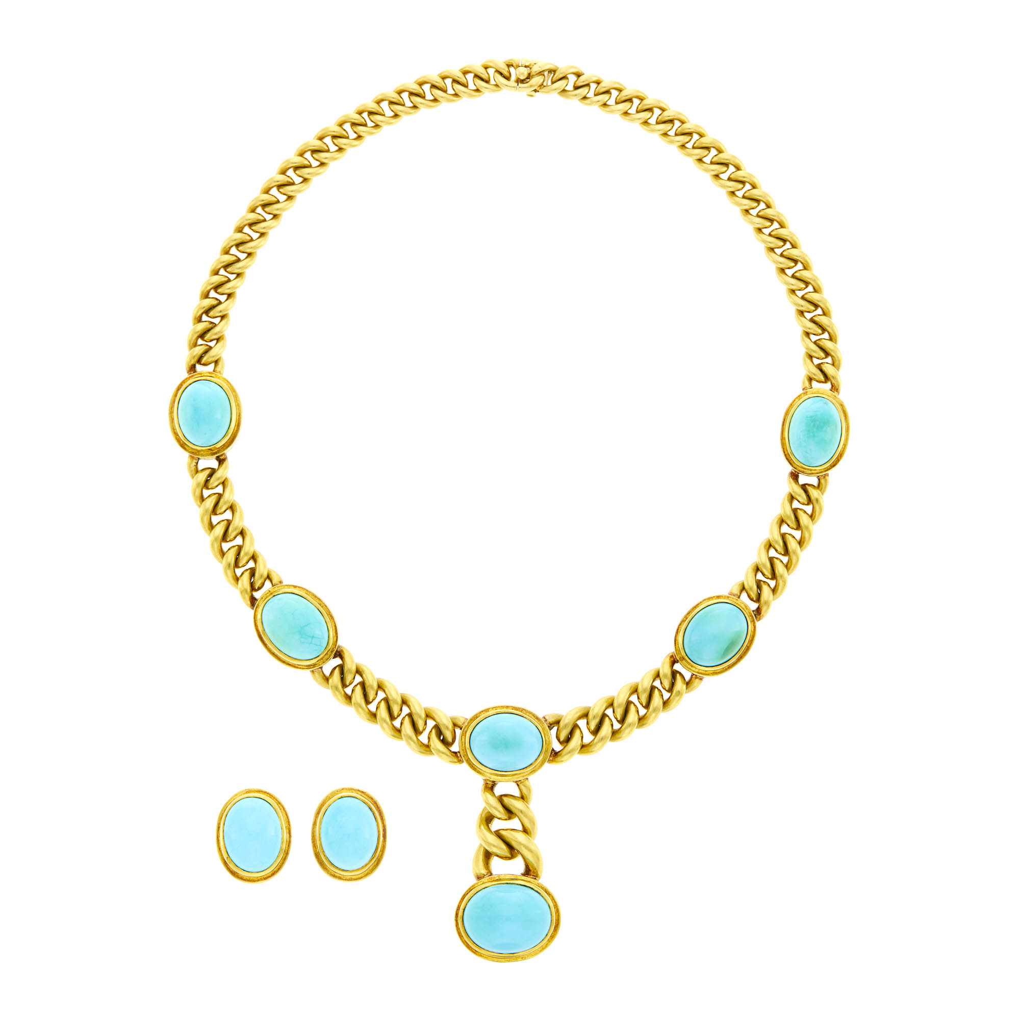 Lot image - Gold and Turquoise Necklace and Pair of Earclips