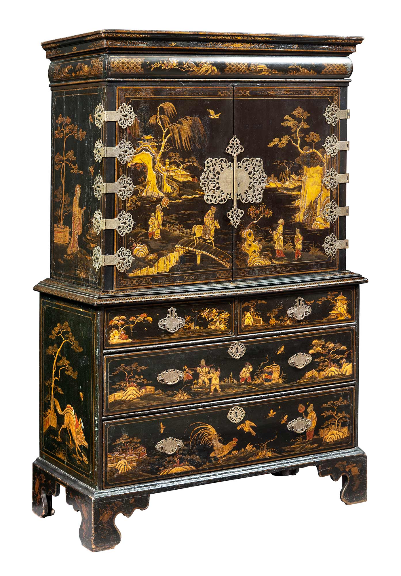 Lot image - Queen Anne Black-Japanned, Parcel-Gilt and Brass-Mounted Cabinet on Chest