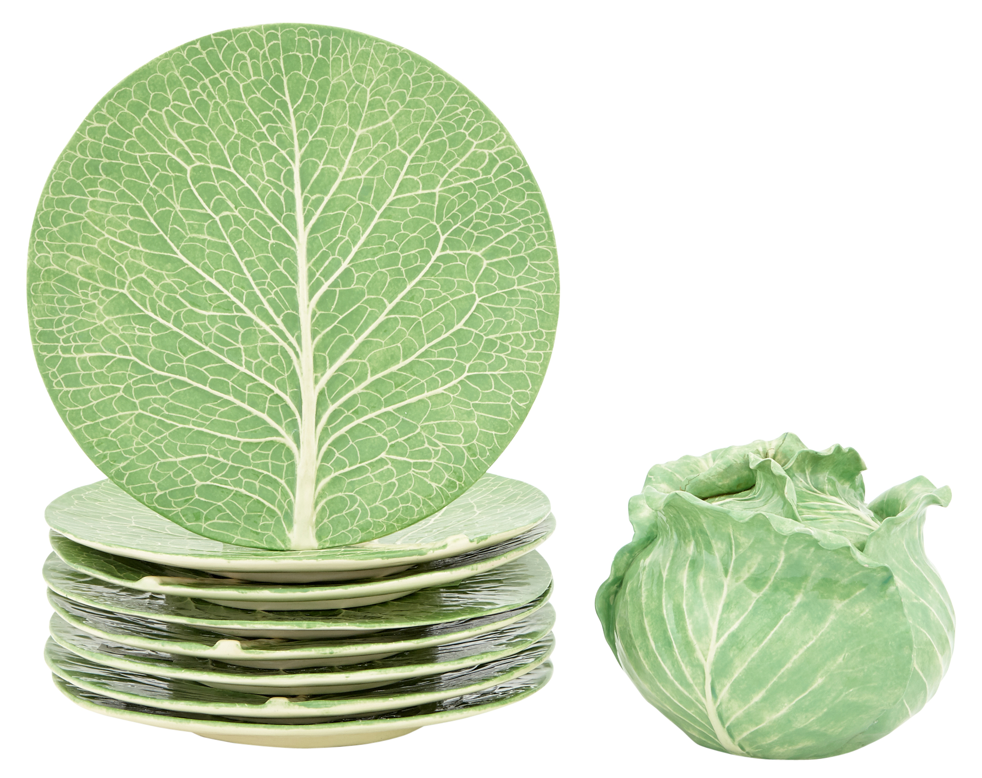 Lot image - Group of Nine Dodie Thayer Green Glazed Cabbage-Form Ceramic Table Articles