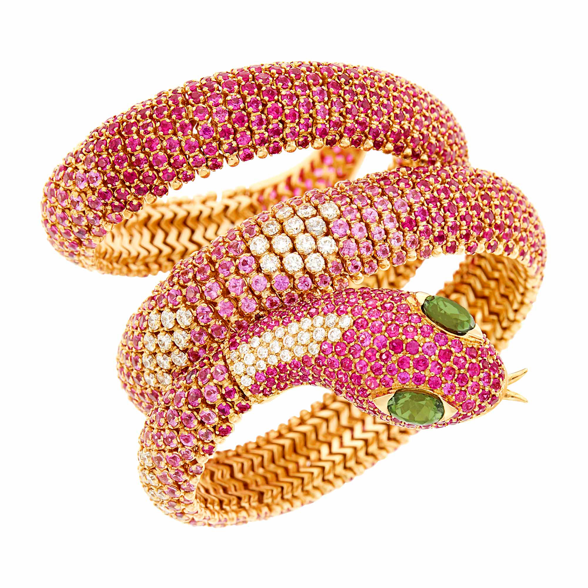 Lot image - Rose Gold, Ruby, Pink Sapphire, Diamond and Tourmaline Snake Bracelet