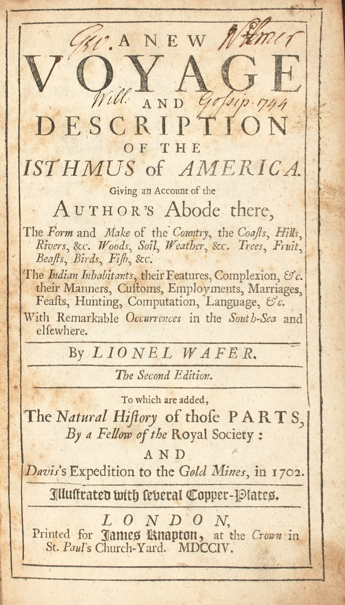 Lot image - WAFER, LIONEL A New Voyage and Description of the Isthmus of America, Giving an Account of the Authors Abode There, the Form a...
