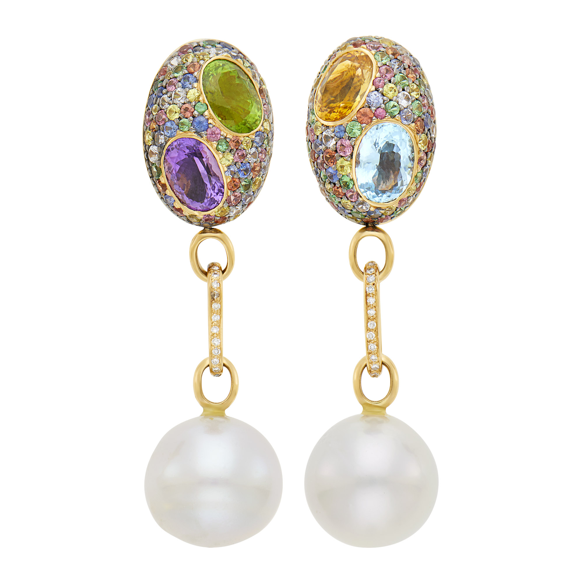 Lot image - Pair of Rose Gold, Gem-Set and Multicolored Sapphire, South Sea Cultured Pearl and Diamond Pendant-Earrings