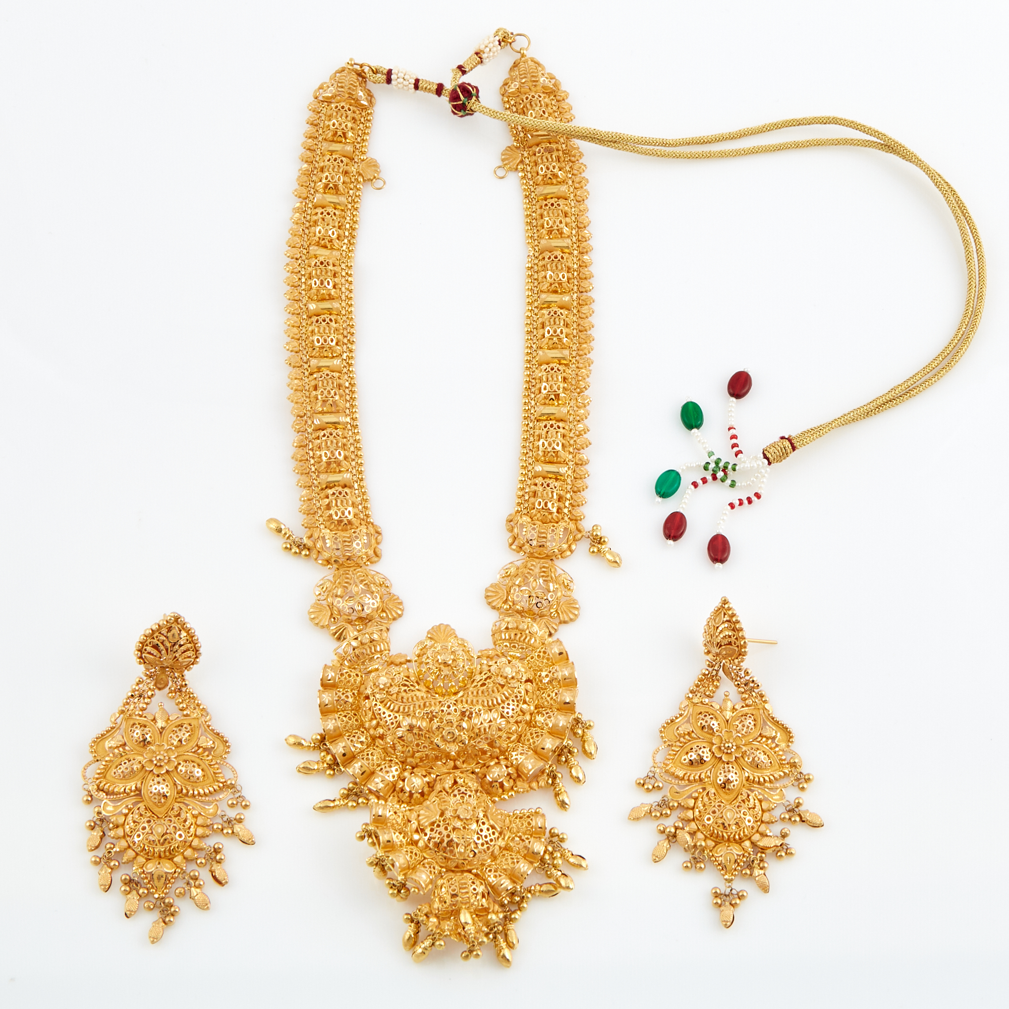 Lot image - Gold, Cord and Bead Necklace and Two Earrings, 21K 53 dwt. all