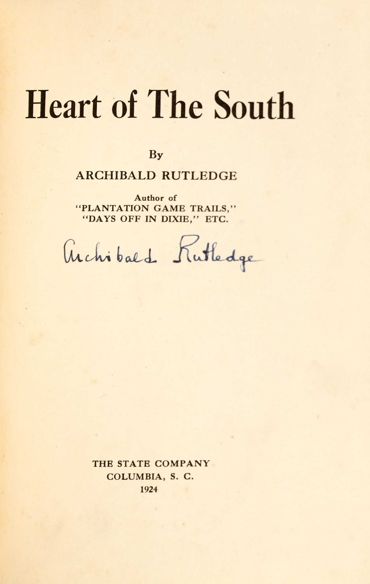 Lot image - [AMERICA-HUNTING]  RUTLEDGE, ARCHIBALD. Heart of the South.