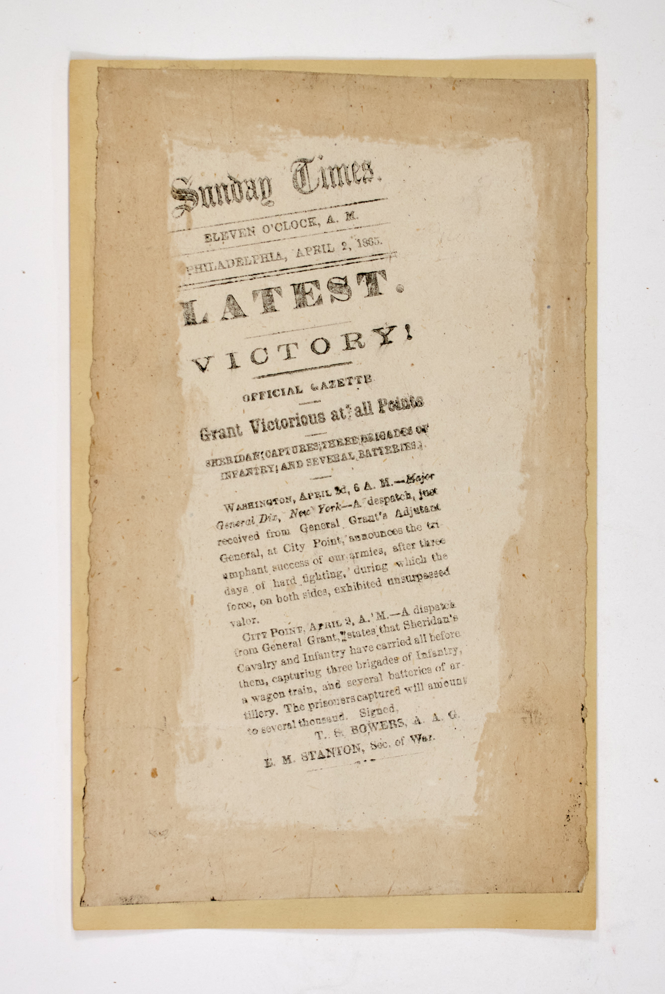 Lot image - [CIVIL WAR]  Unusual proof of the April 2nd, 1865 Sunday Times announcement reporting Union Victory.
