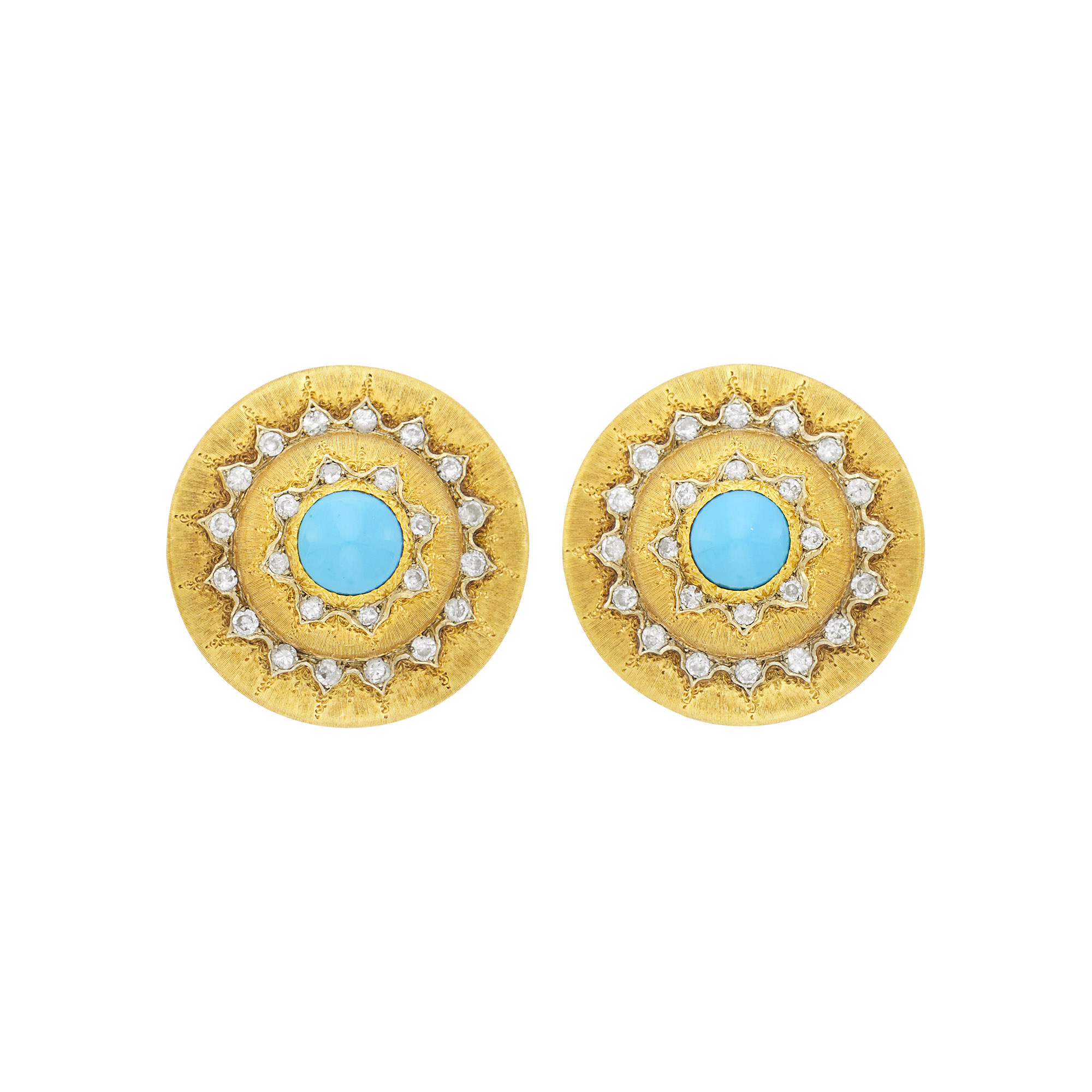 Lot image - Pair of Gold, Turquoise and Diamond Earclips