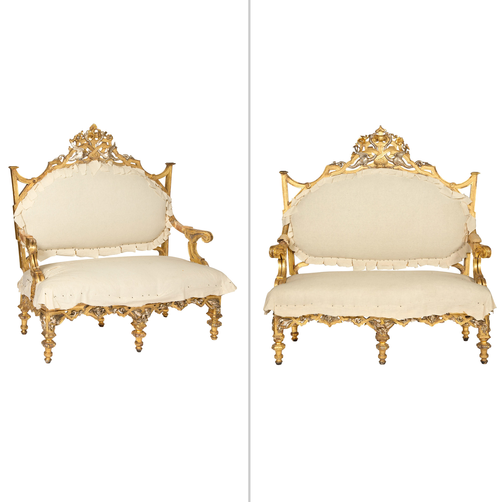 Lot image - Pair of Continental Baroque Style Gilt and Silvered Wood Settees