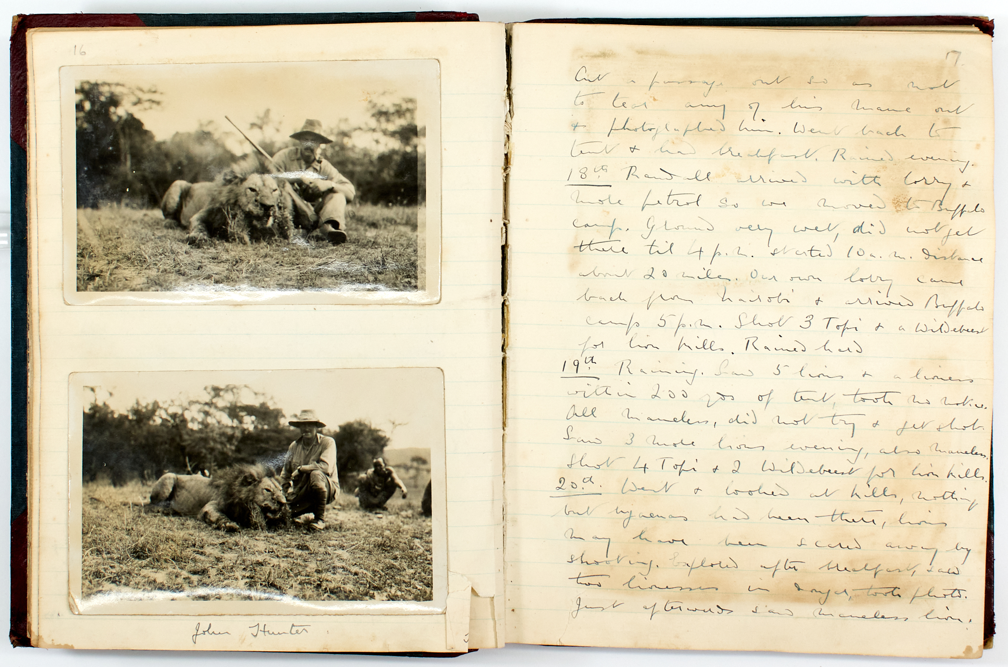 Lot image - [AFRICA-HUNTING]  [HUNTER, JOHN ALEXANDER]. Manuscript account of safaris taken in 1928 and 1929, with leaders including J.A. Hunter (the noted big-game hunter and author) and Andrew Fowle, another noteworthy hunter of the day.
