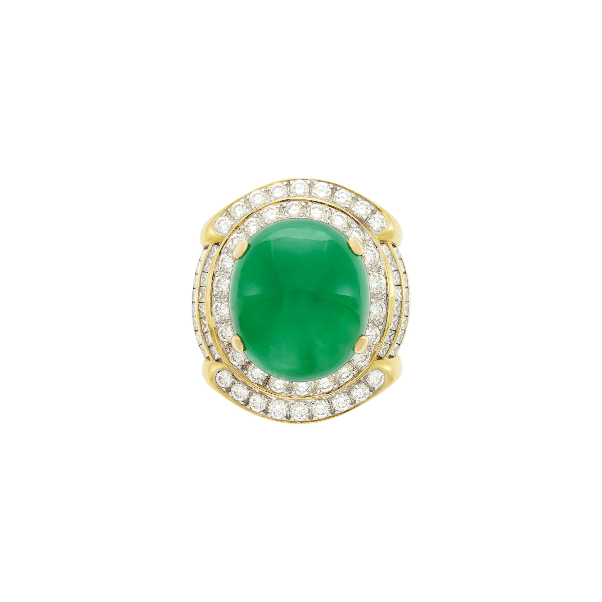 Lot image - Gold, Cabochon Emerald and Diamond Ring