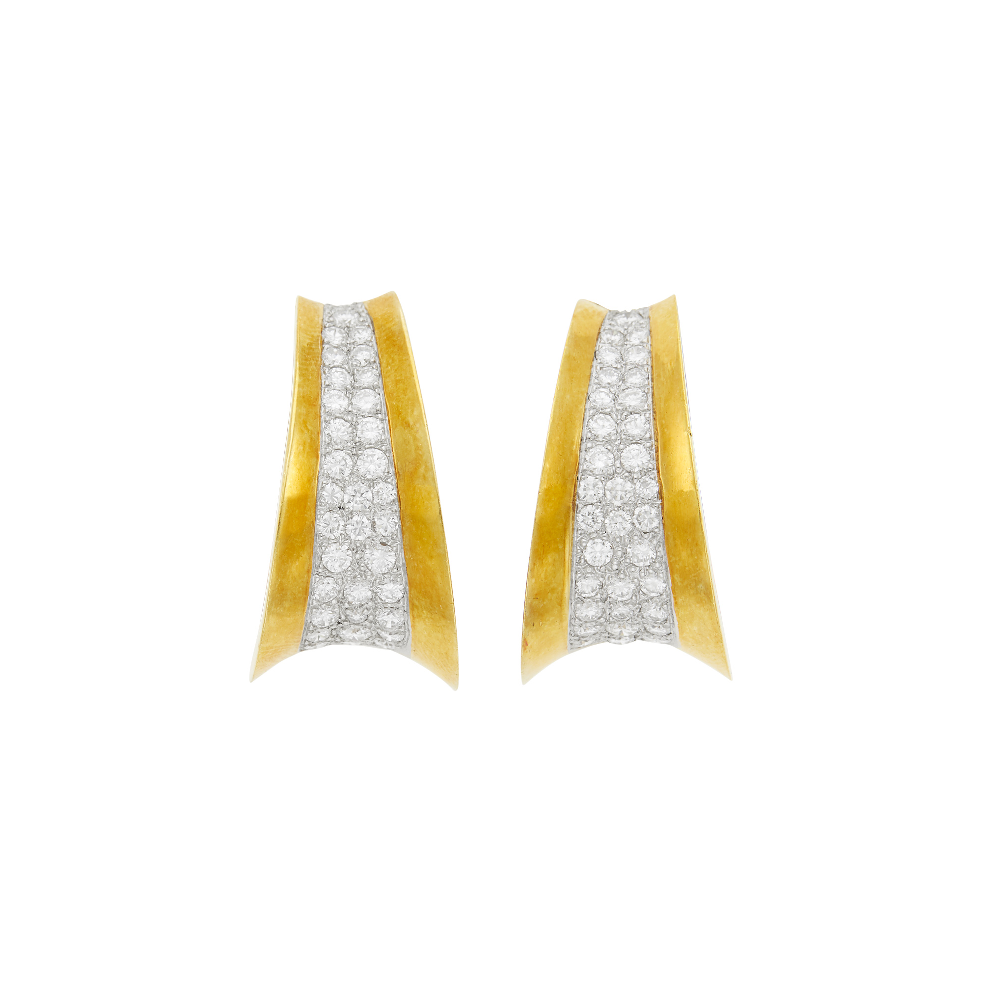 Lot image - Pair of Two-Color Gold and Diamond Hoop Earclips