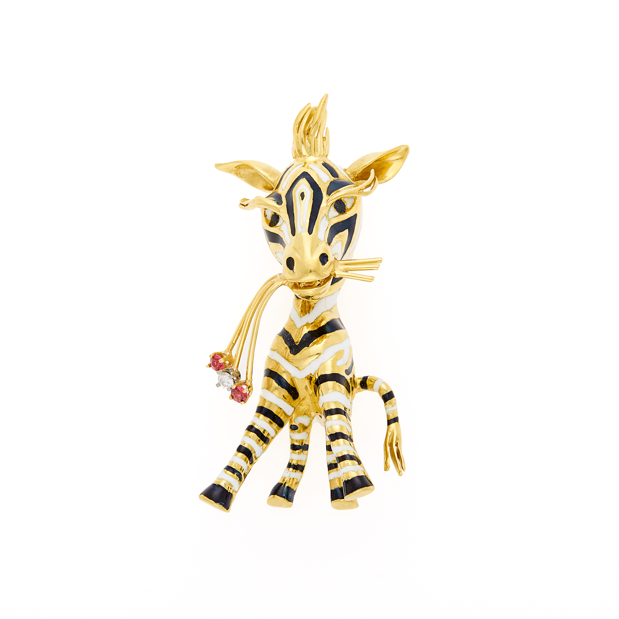 Lot image - Gold and Black and White Enamel, Ruby and Diamond Zebra Pin