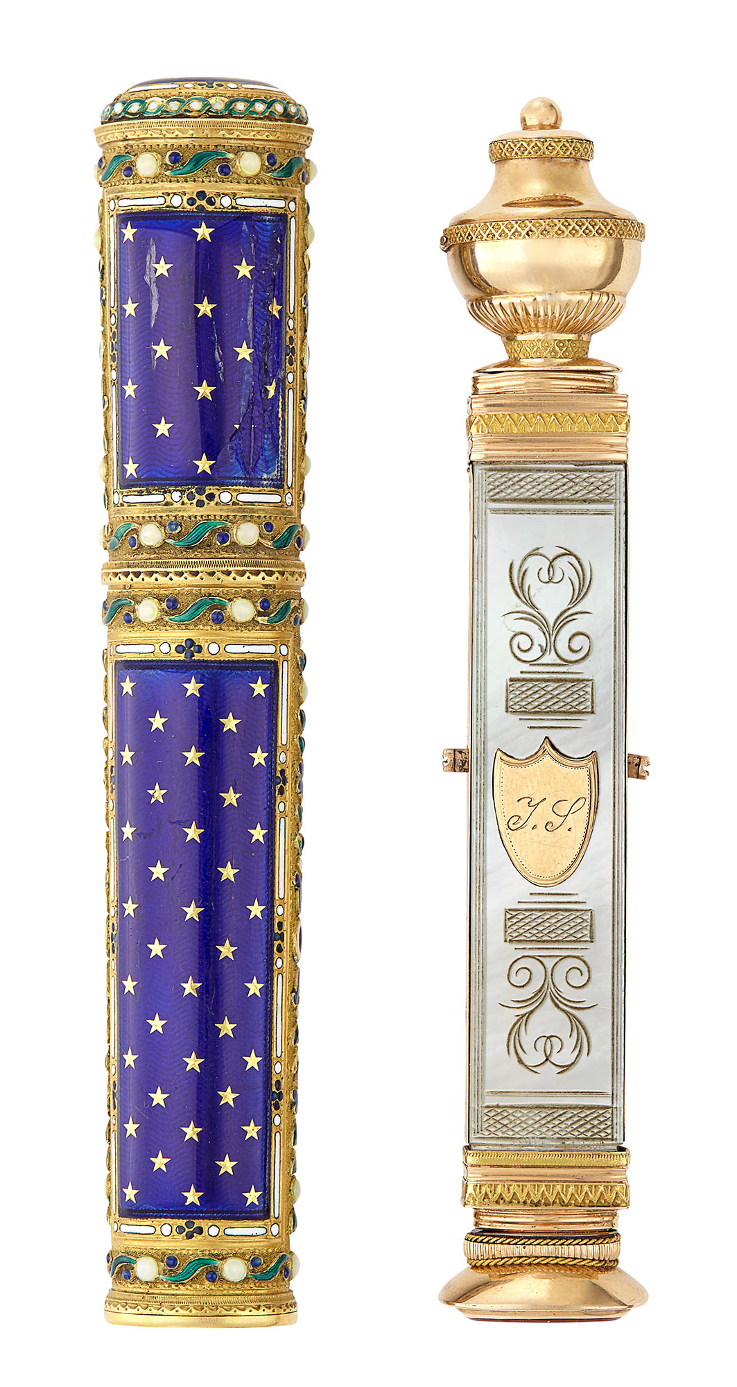Lot image - Louis XVI Gold and Enamel Sealing Wax Case; Together with a Continental Two-Color Gold and Mother-of-Pearl Etui and Hand Seal