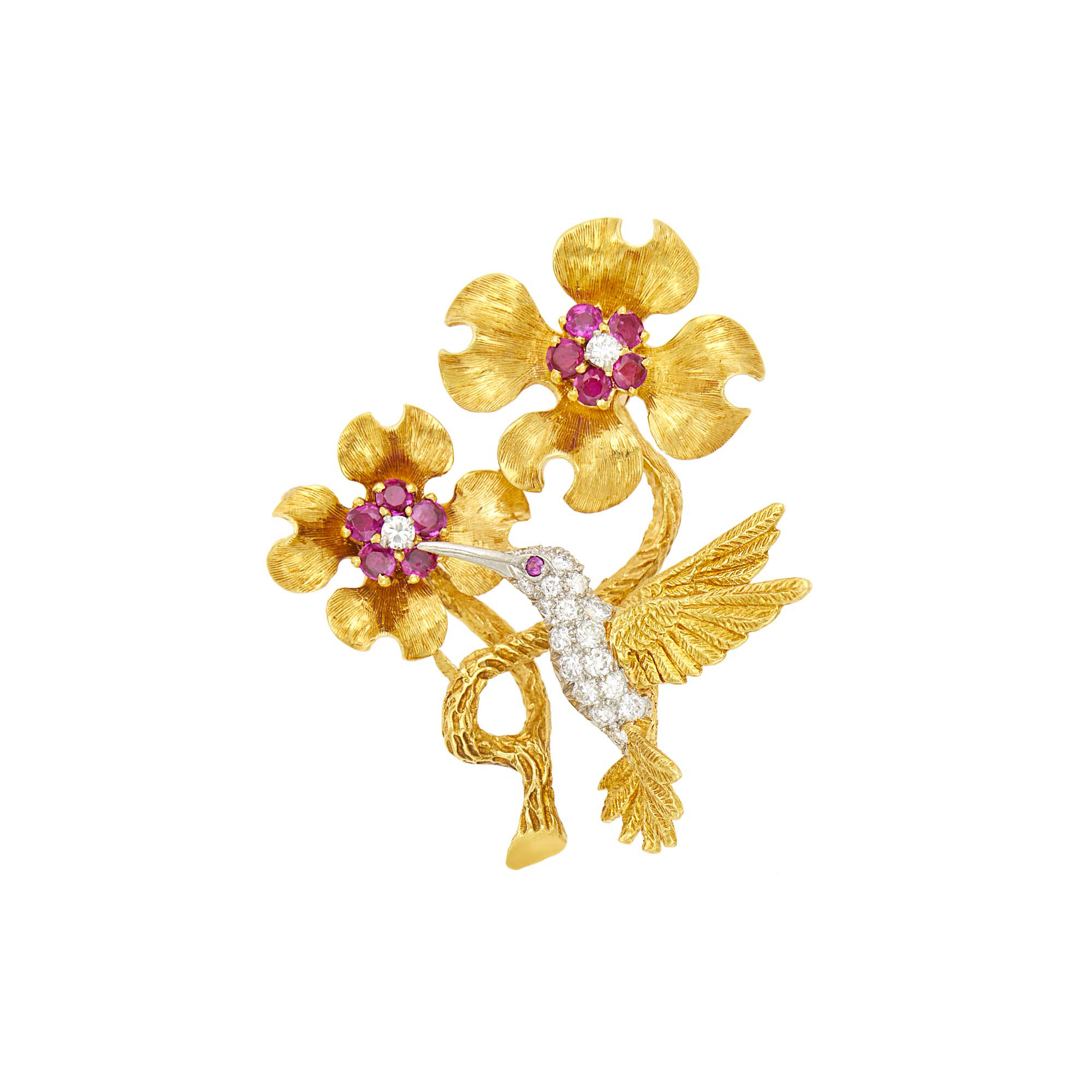 Lot image - Gold, Platinum, Diamond and Ruby Hummingbird and Flower Pendant-Brooch