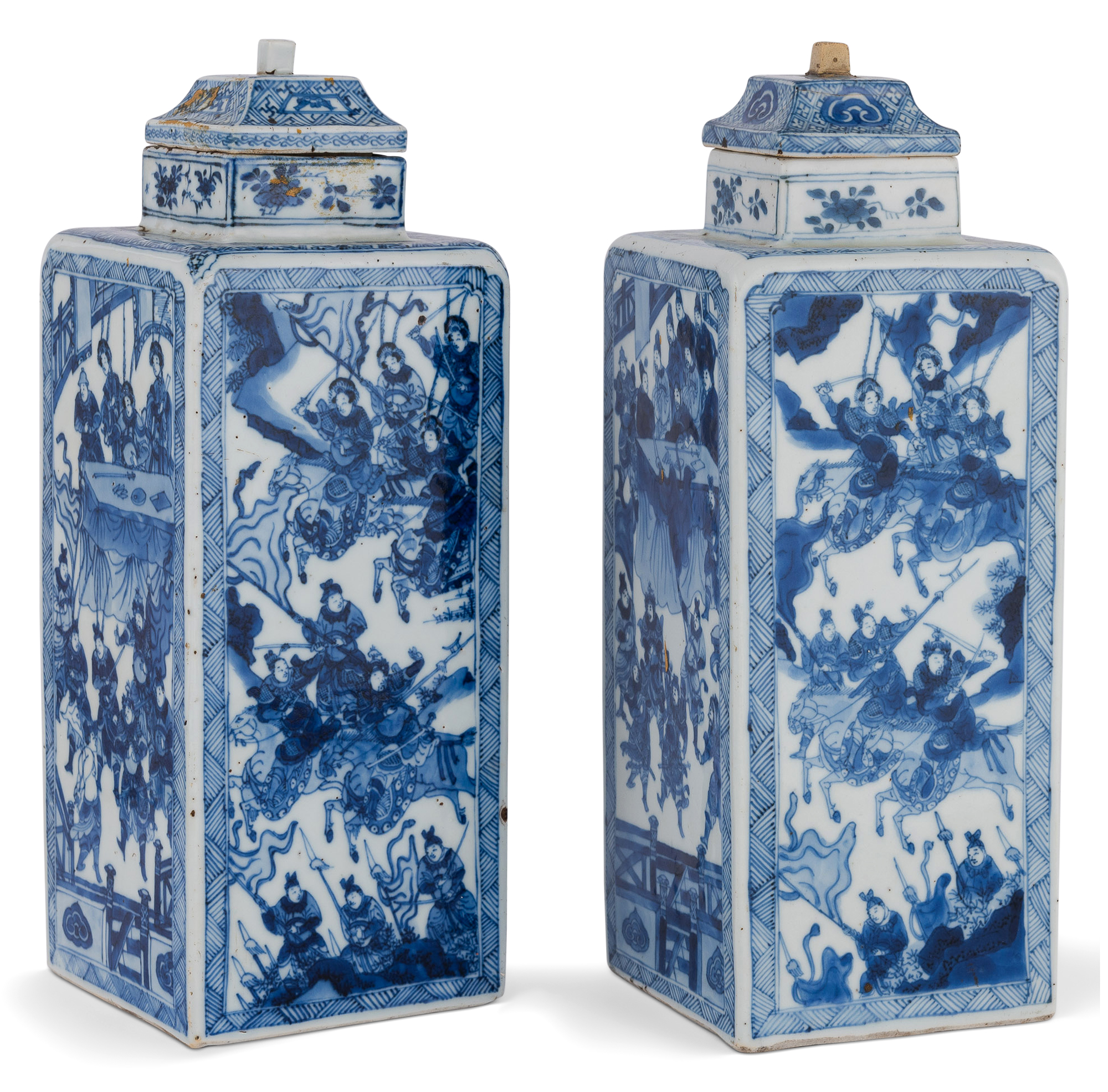 Lot image - A Pair of Chinese Blue and White Porcelain Square Vases and Covers