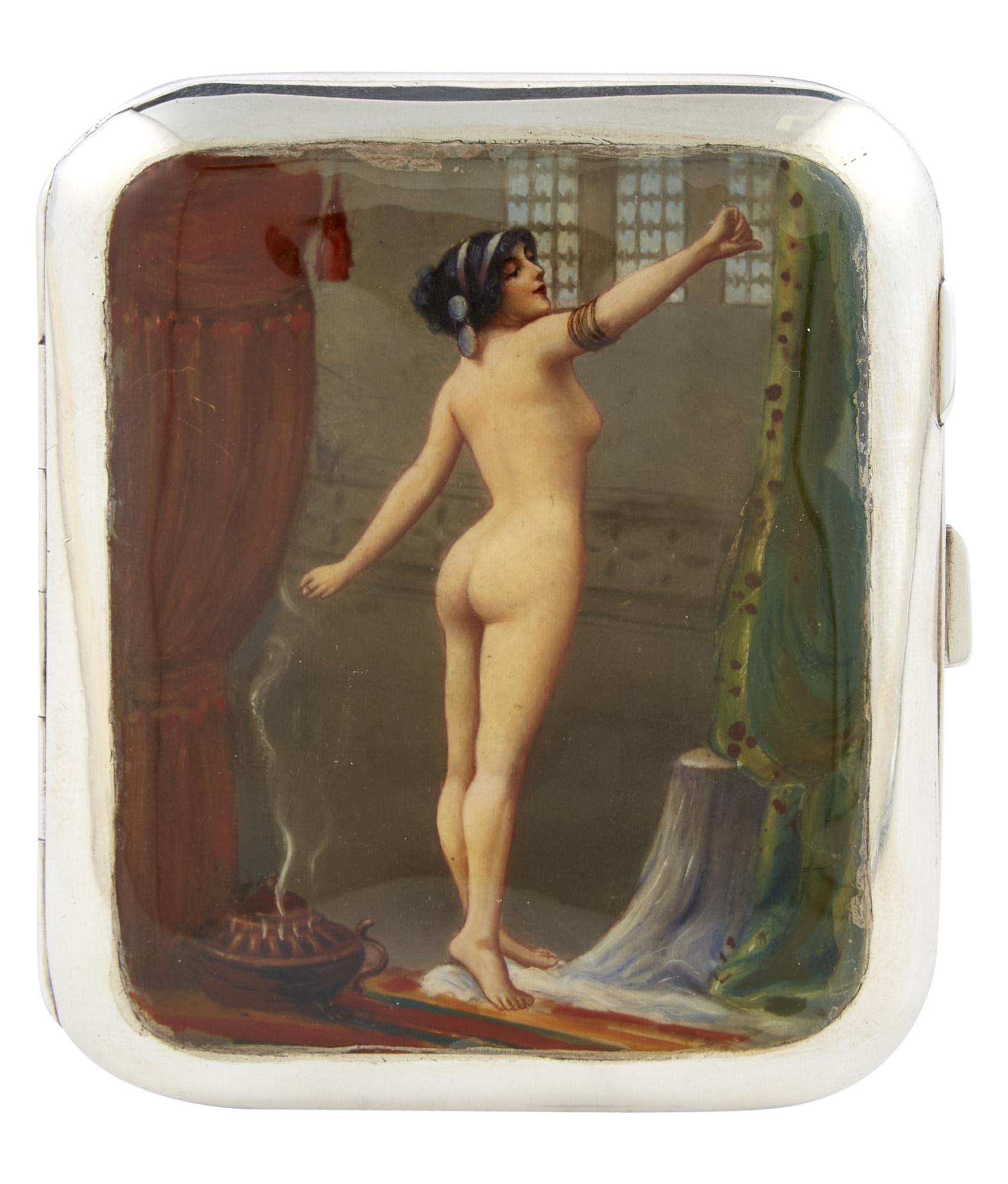 Lot image - Swiss Sterling Silver and Enamel Novelty Erotic Cigarette Case