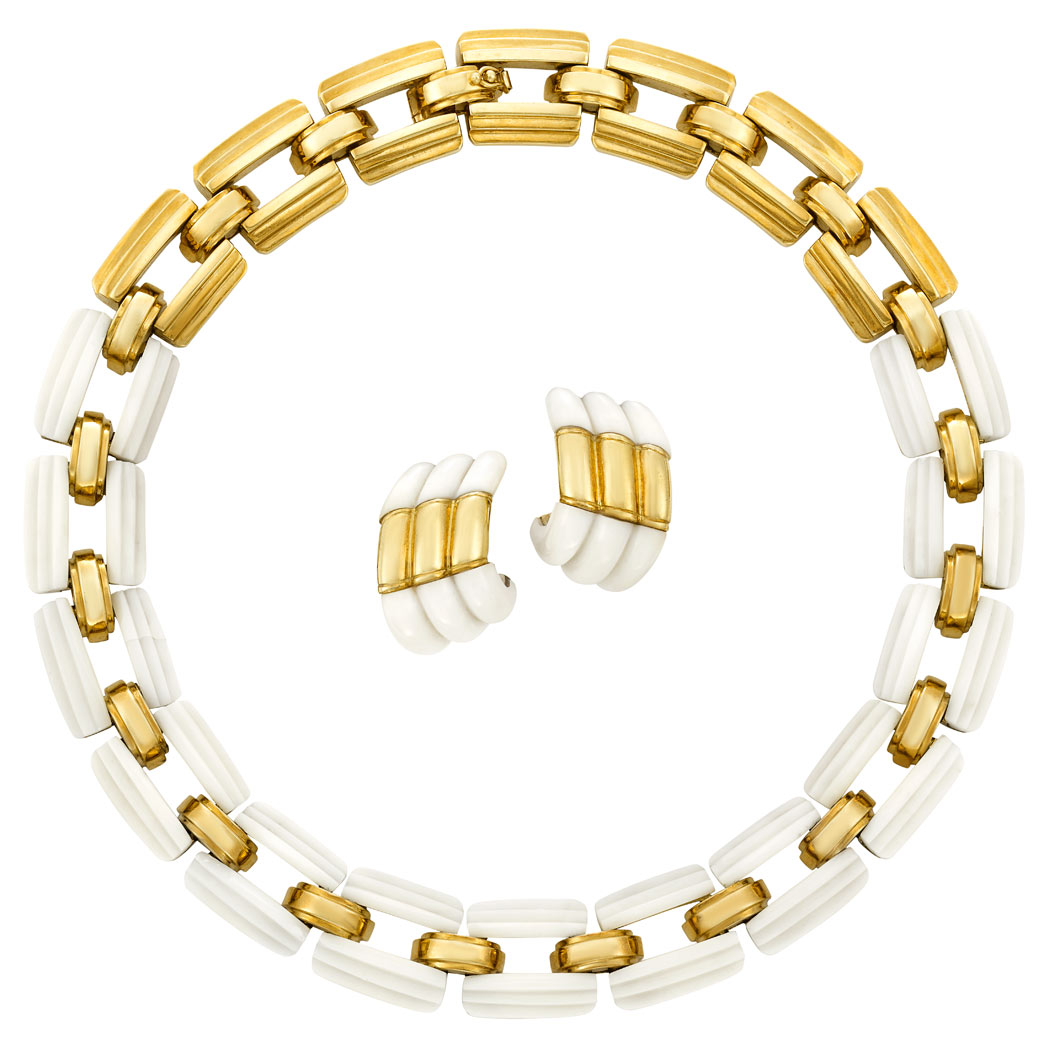 Lot image - Gold and White Agate Necklace and Pair of Earclips