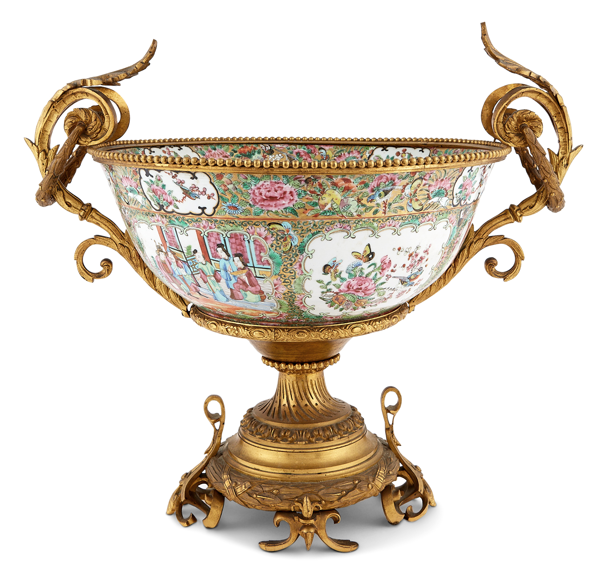 Lot image - Chinese Rose Medallion Bowl on Bronze Stand