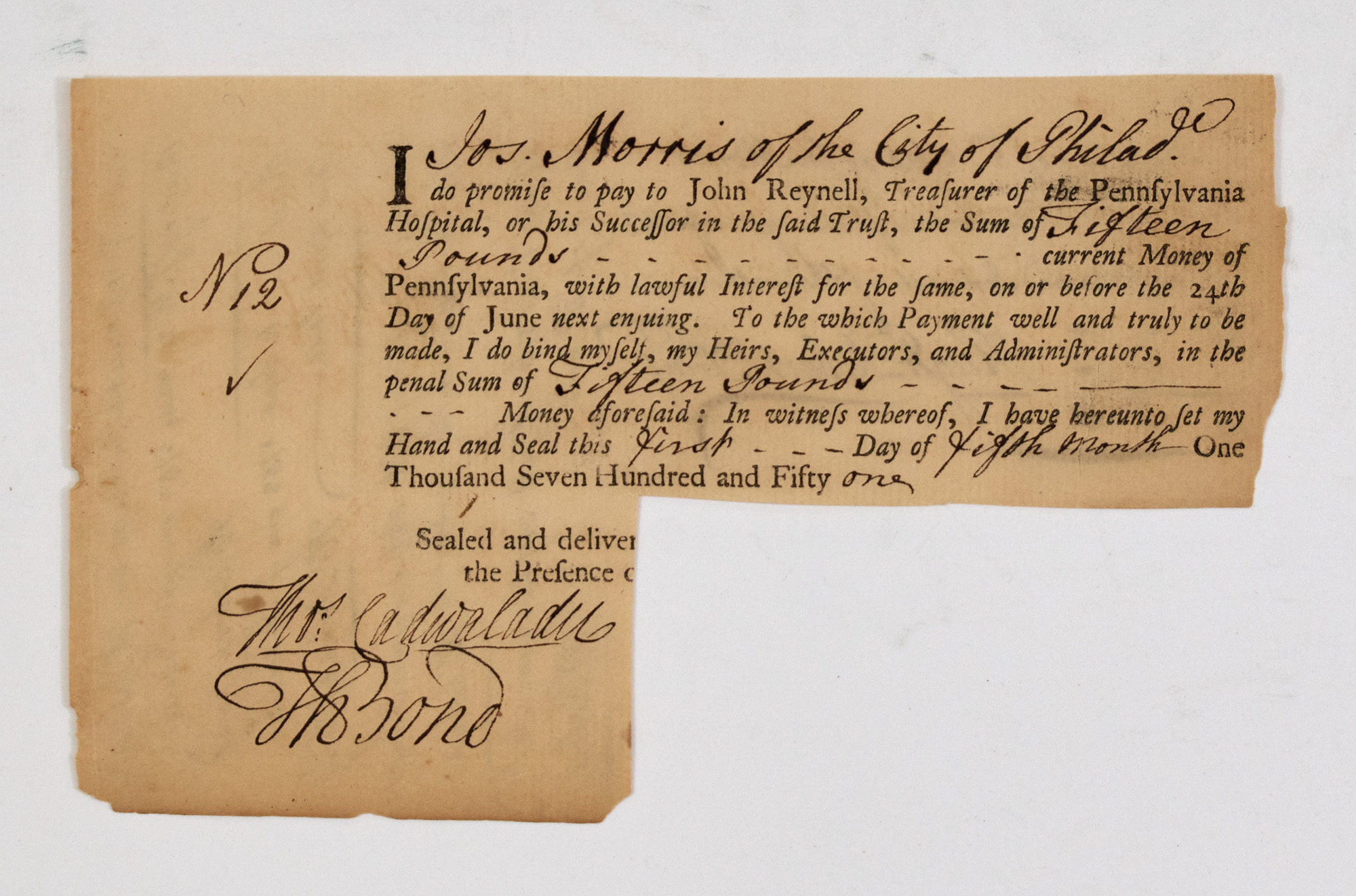 Lot image - [FRANKLIN & HALL, as PRINTERS]  Printed promissory note for Pennsylvania Hospital.