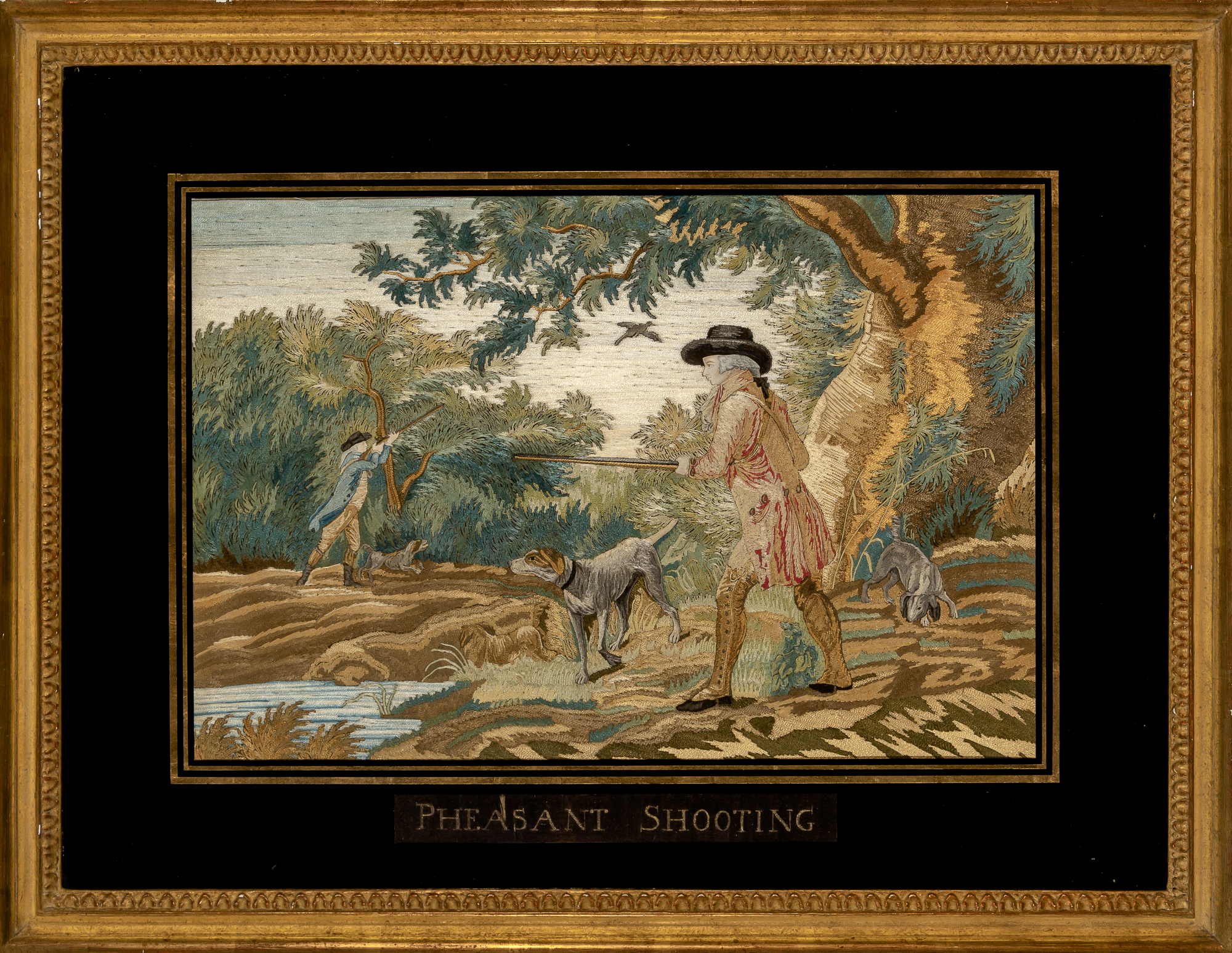 Lot image - Silk Needlework Picture of a Pheasant Shooting