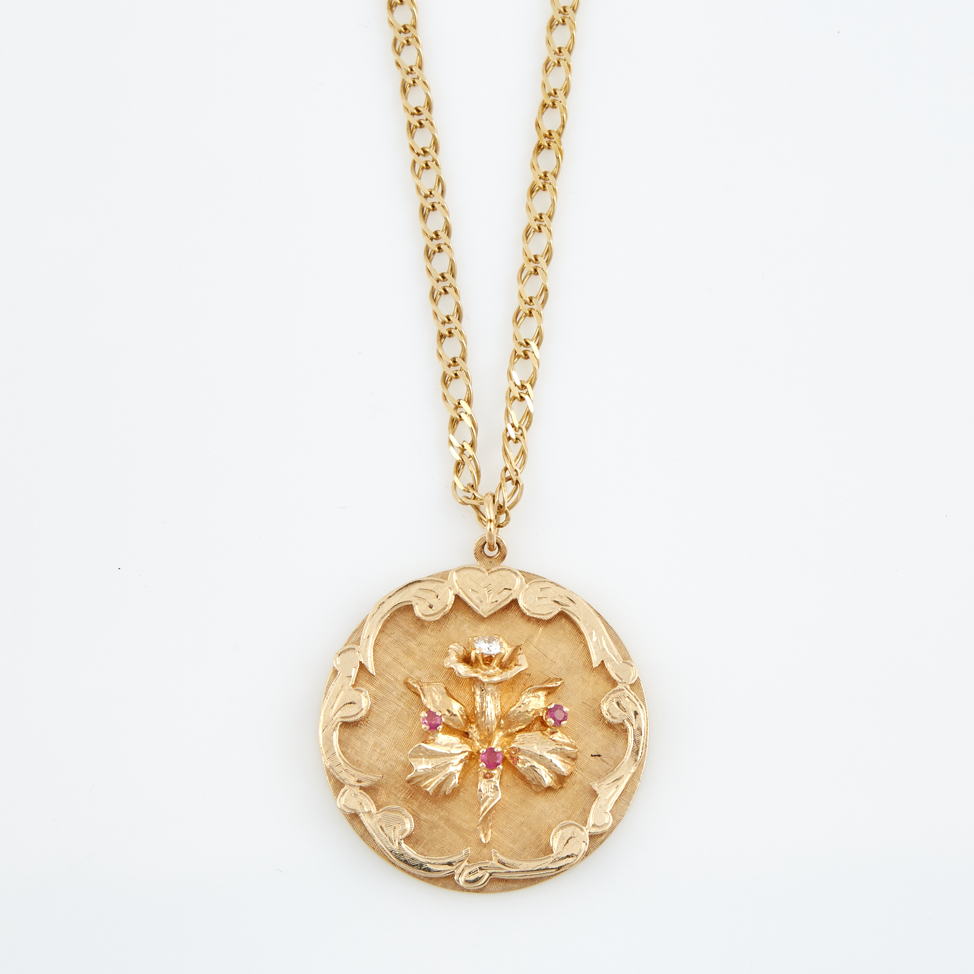 Lot image - Diamond and Stone Pendant and Gold Neck Chain, 14K 20 dwt. all