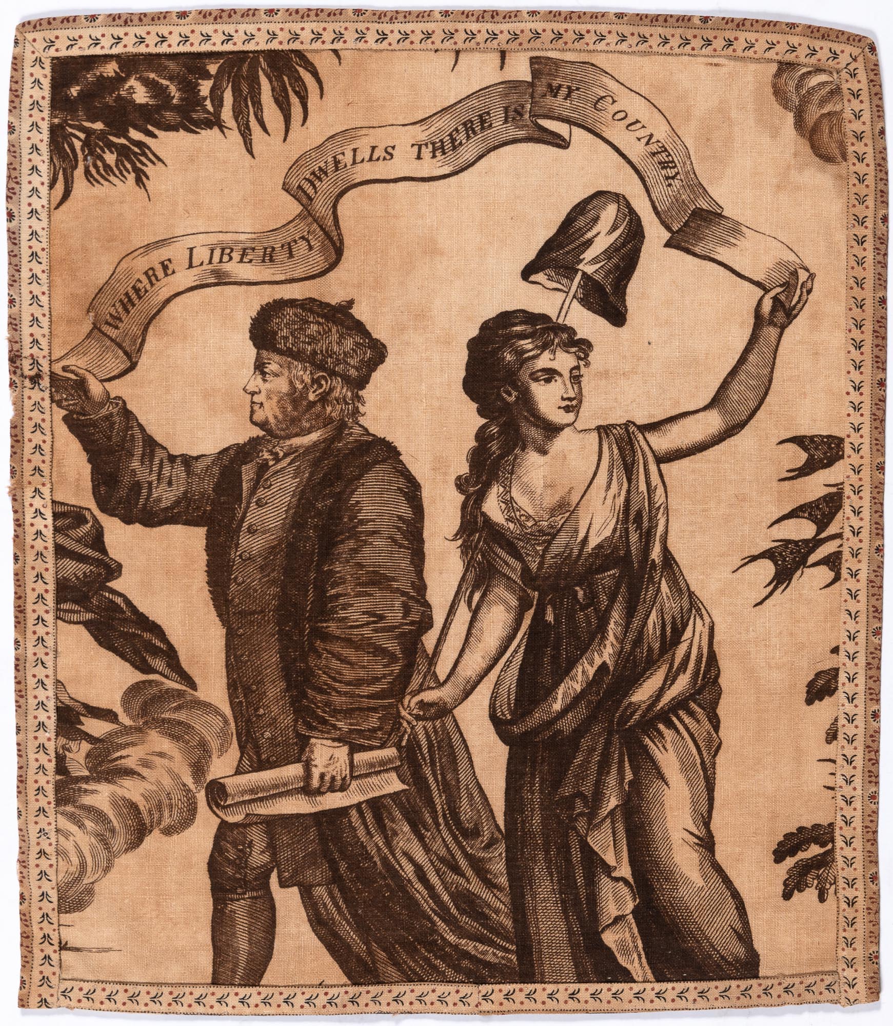 Lot image - [FRANKLIN, BENJAMIN]  Fragment of the 18th century textile The Apotheosis of Franklin and Washington.