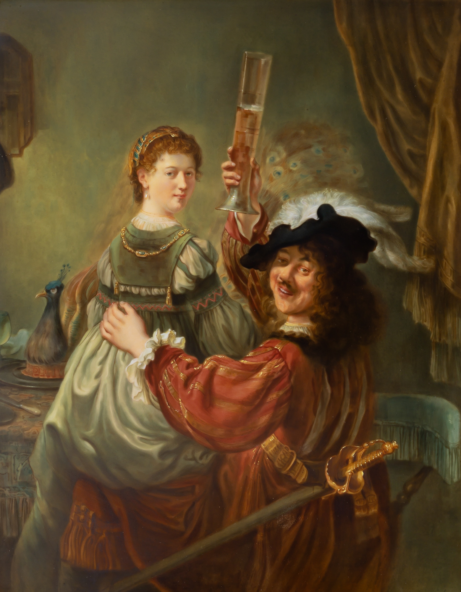 Lot image - Meissen Painted Porcelain Plaque of Rembrandt and His Wife, Saskia, in the Scene of The Prodigal Son in the Tavern