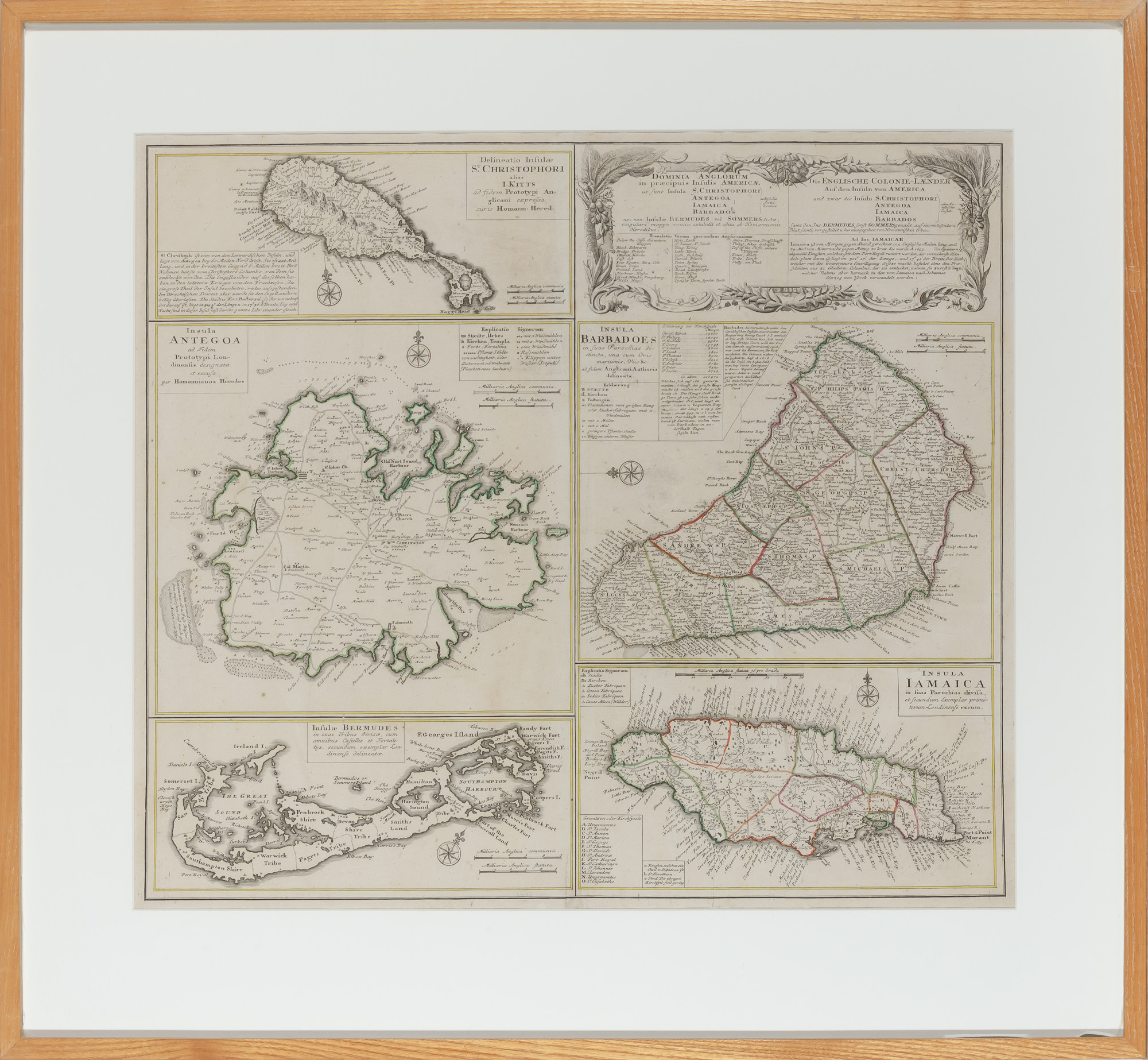 Lot image - [MAP]  HOMANN, JOHANN BAPTIST. Dominia Anglorum in Praecipuis Insulis Americae ut funt Insula S. Christophori Antegoa Iamaica Barbados nec non insulae Bermudes vel Sommers dictae, singulari mappa omnia exlubita et edita ab Homannianis.