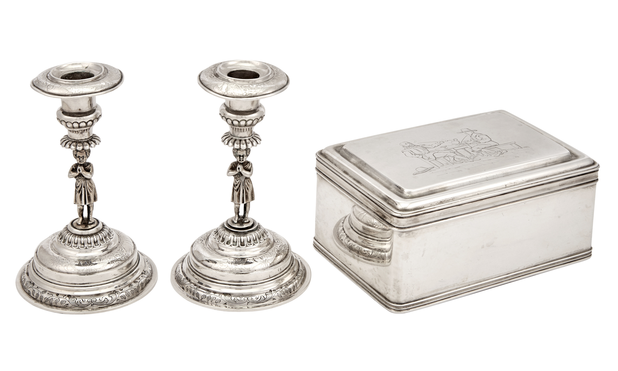 Lot image - Pair of Continental Silver Figural Candlesticks and a Dutch Silver Tobacco Box