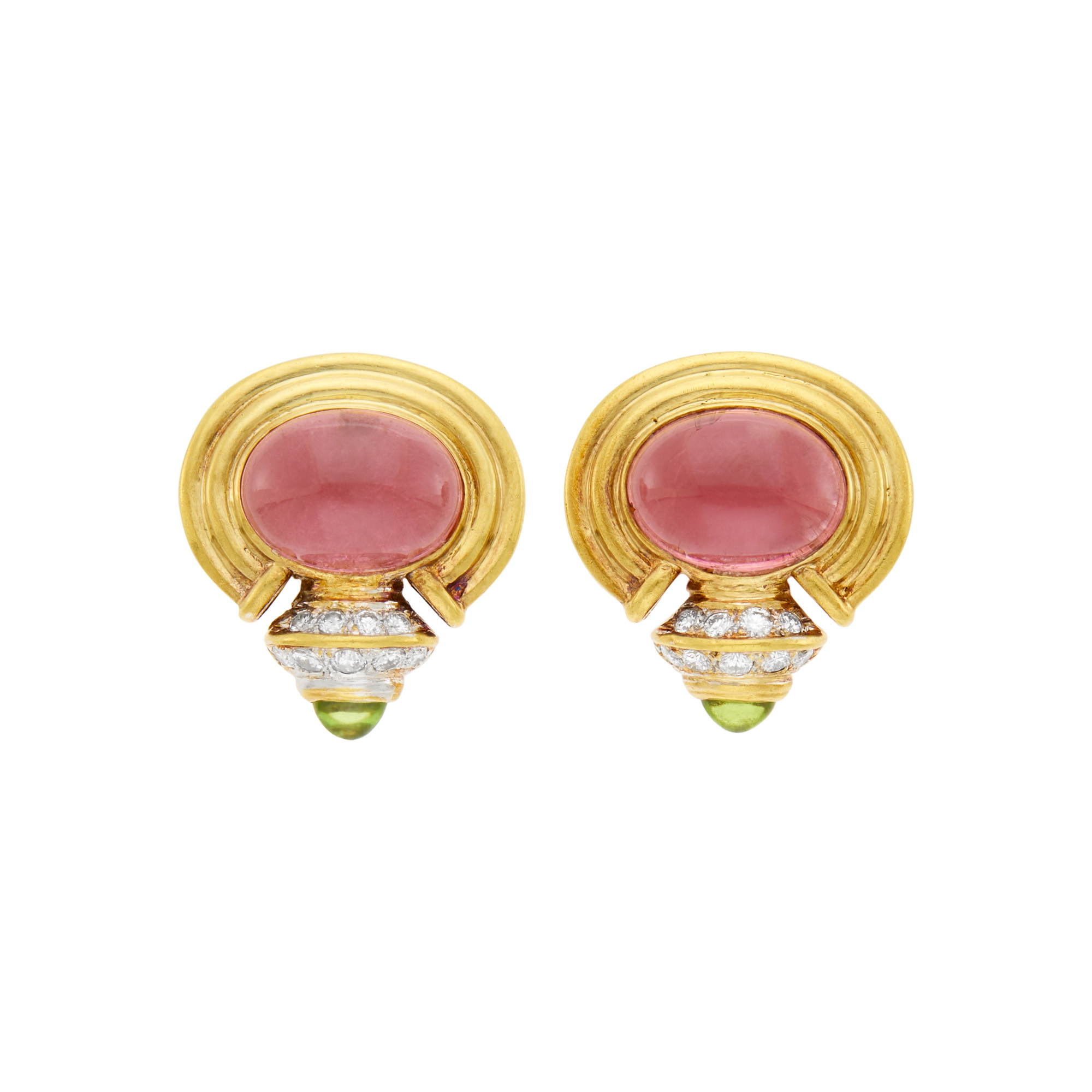 Lot image - Pair of Gold, Cabochon Pink Tourmaline, Diamond and Peridot Earclips